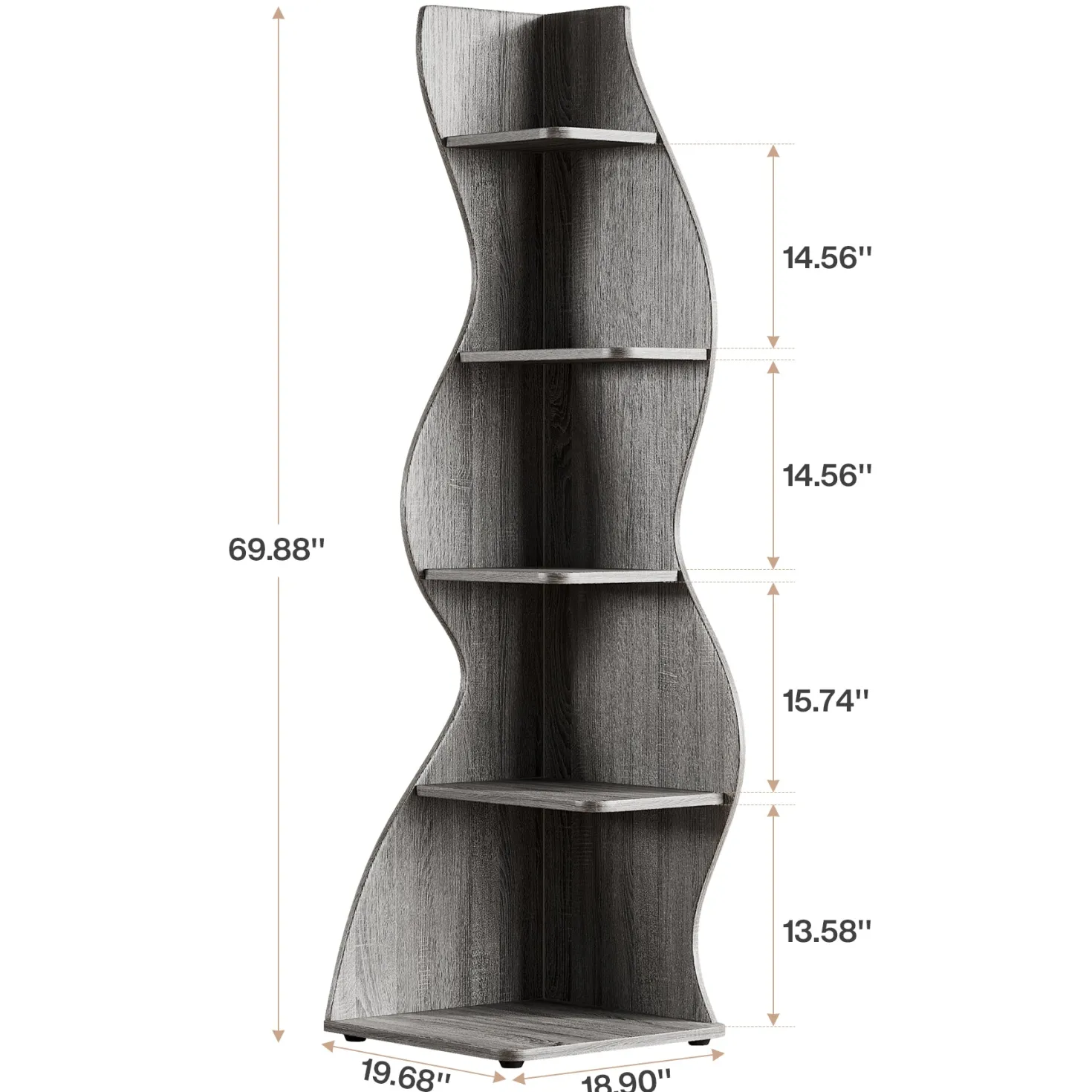 5-Tier Corner Bookcase, Rustic Freestanding Corner Shelf for Small Spaces