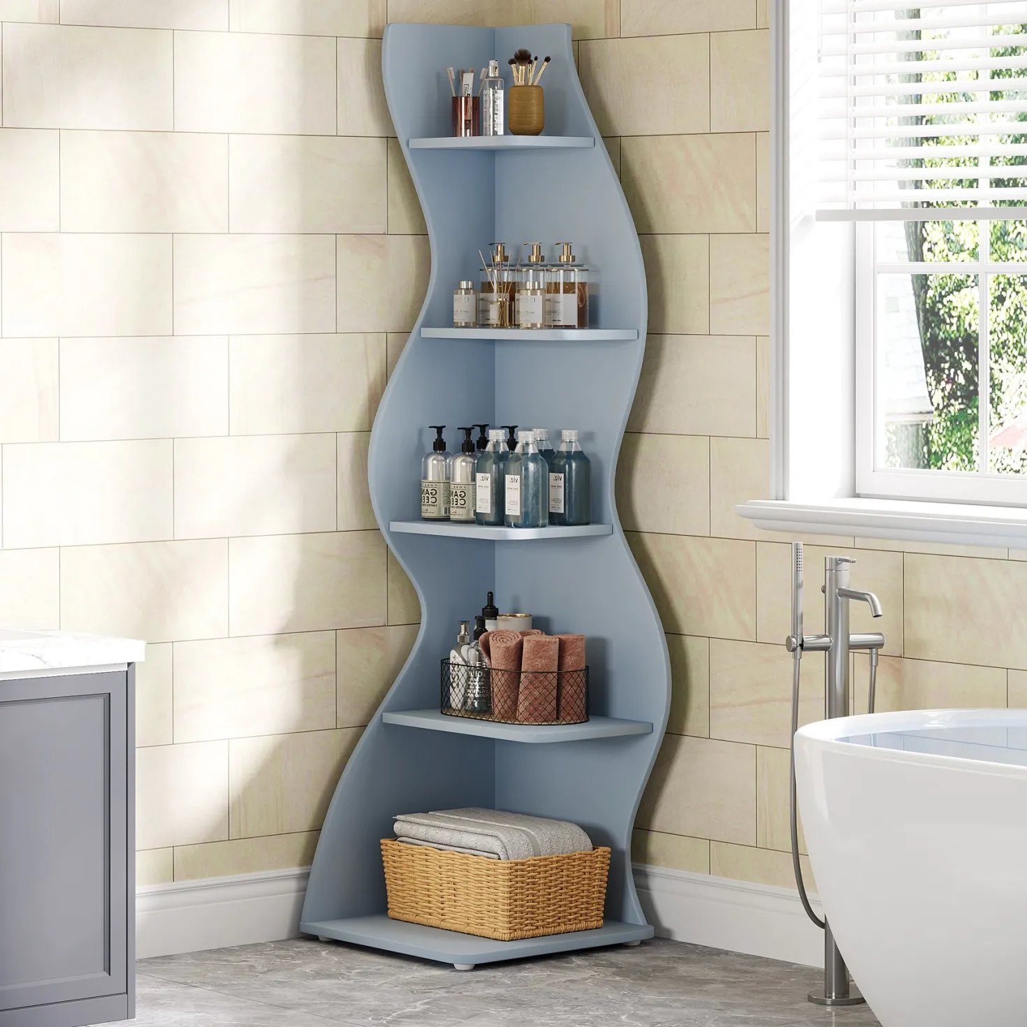 5-Tier Corner Bookcase, Rustic Freestanding Corner Shelf for Small Spaces