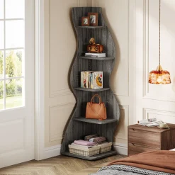 5-Tier Corner Bookcase, Rustic Freestanding Corner Shelf for Small Spaces