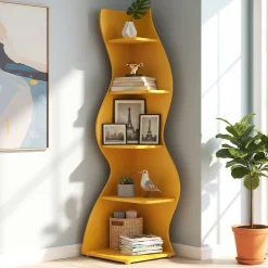 5-Tier Corner Bookcase, Rustic Freestanding Corner Shelf for Small Spaces