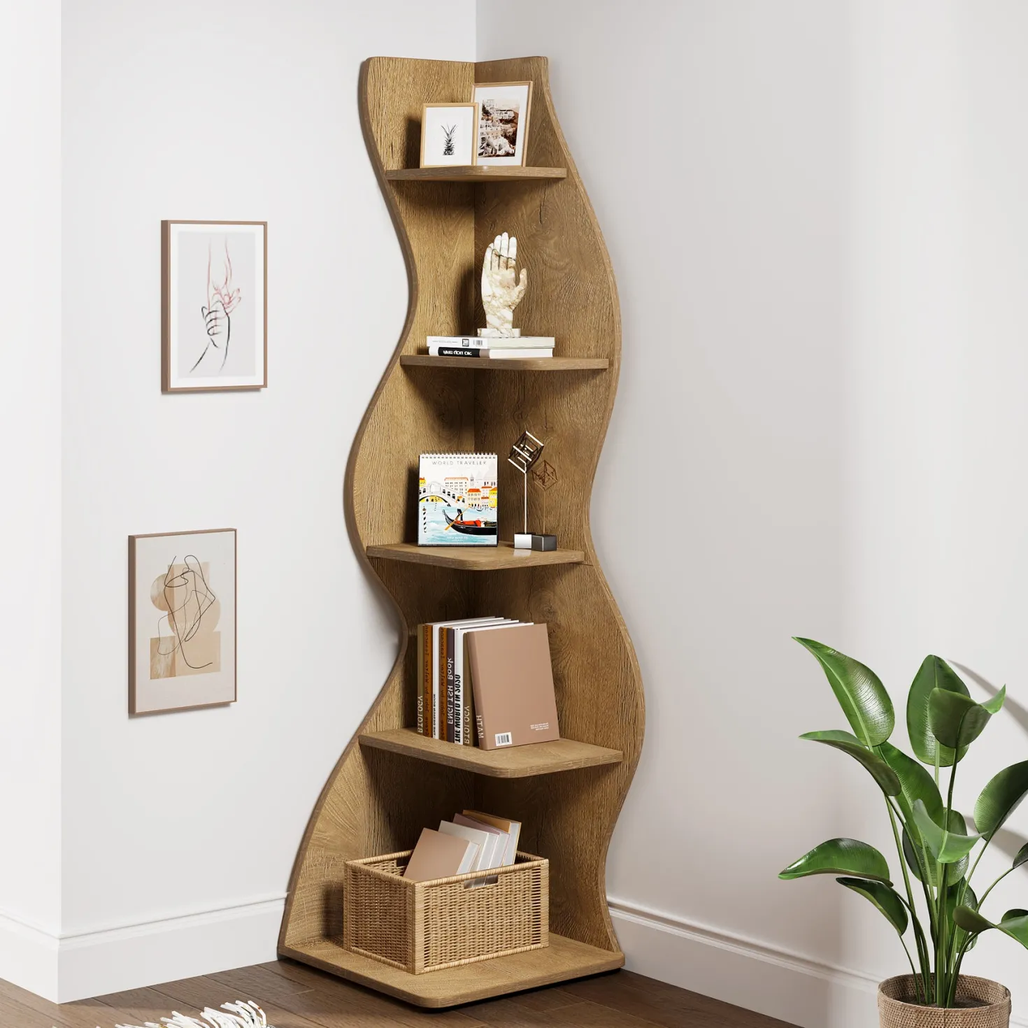 5-Tier Corner Bookcase, Rustic Freestanding Corner Shelf for Small Spaces