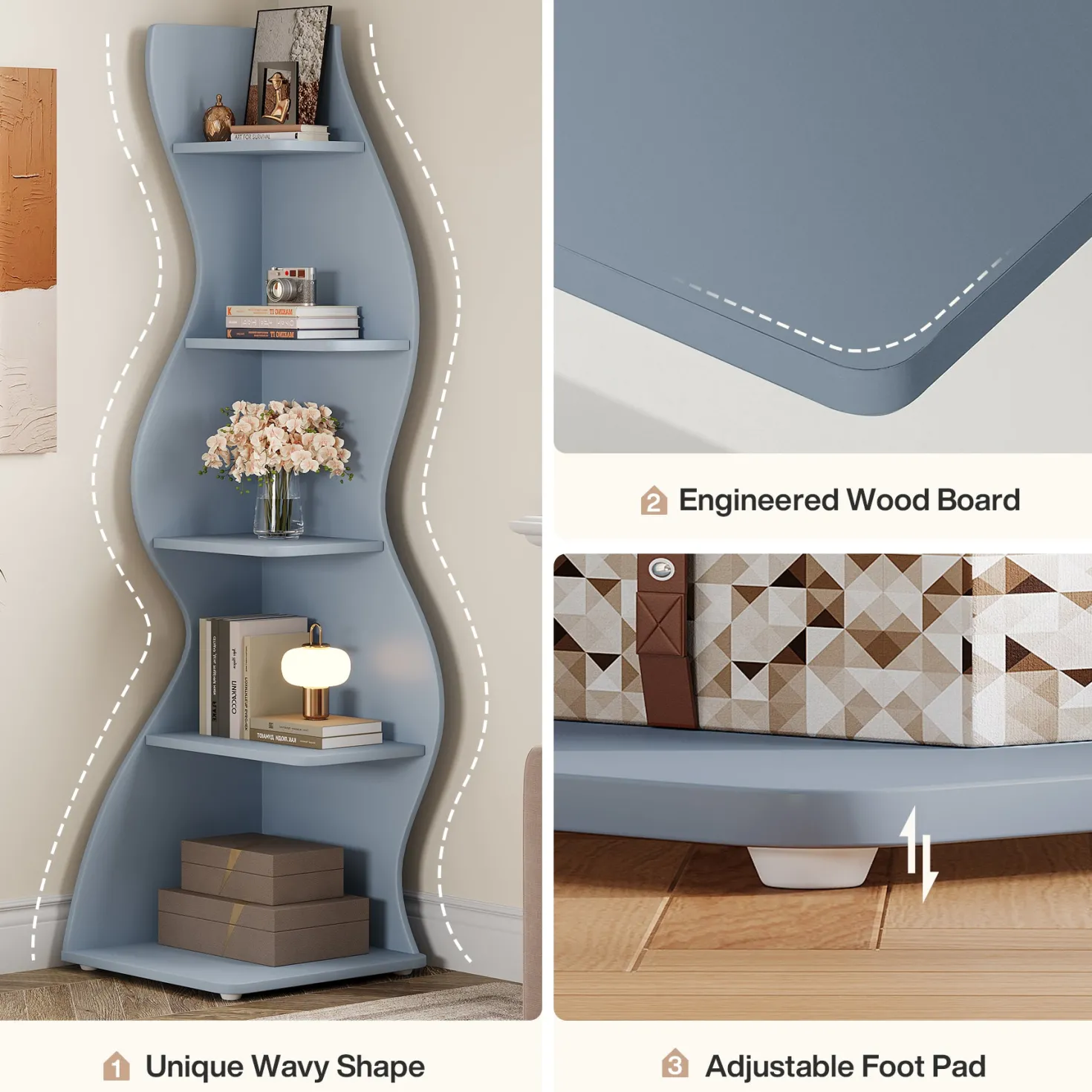 5-Tier Corner Bookcase, Rustic Freestanding Corner Shelf for Small Spaces