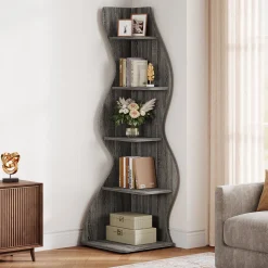 5-Tier Corner Bookcase, Rustic Freestanding Corner Shelf for Small Spaces