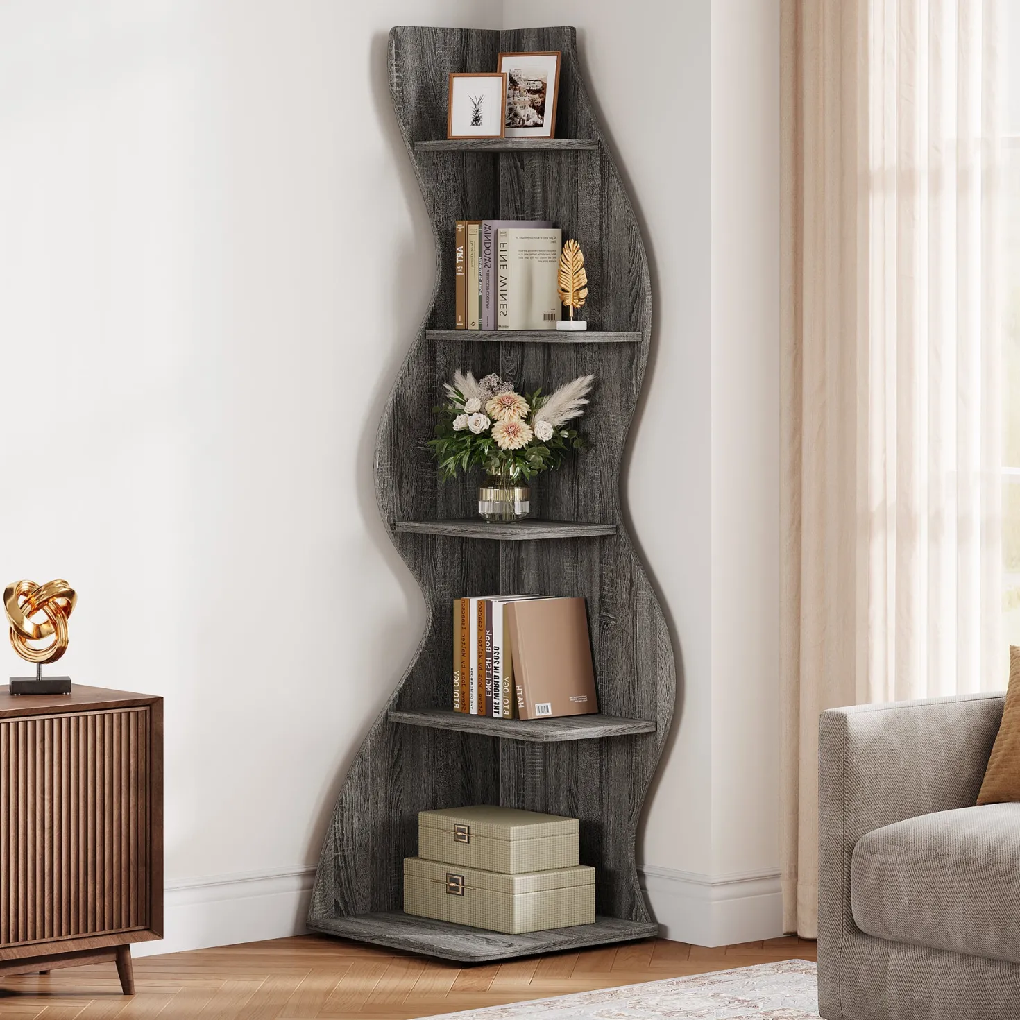 5-Tier Corner Bookcase, Rustic Freestanding Corner Shelf for Small Spaces