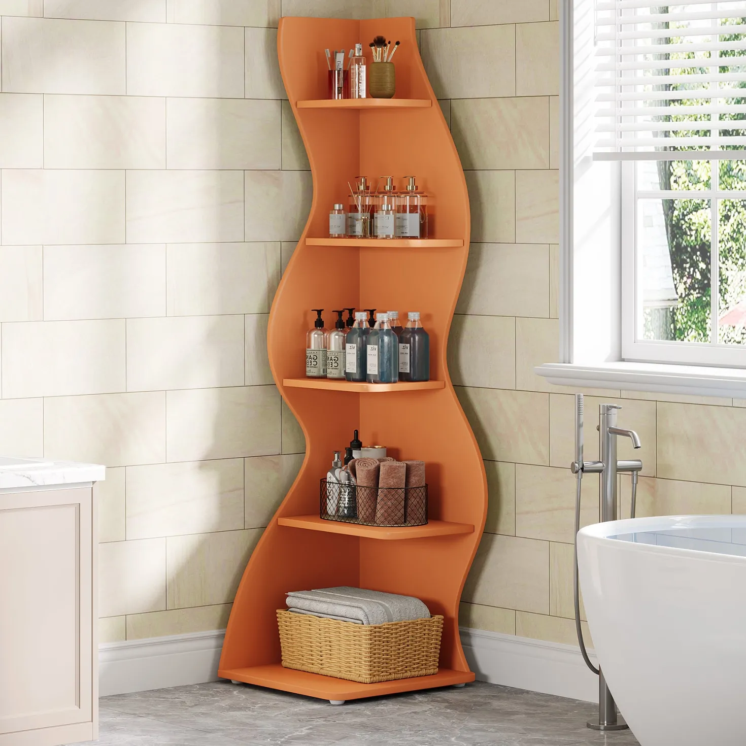 5-Tier Corner Bookcase, Rustic Freestanding Corner Shelf for Small Spaces