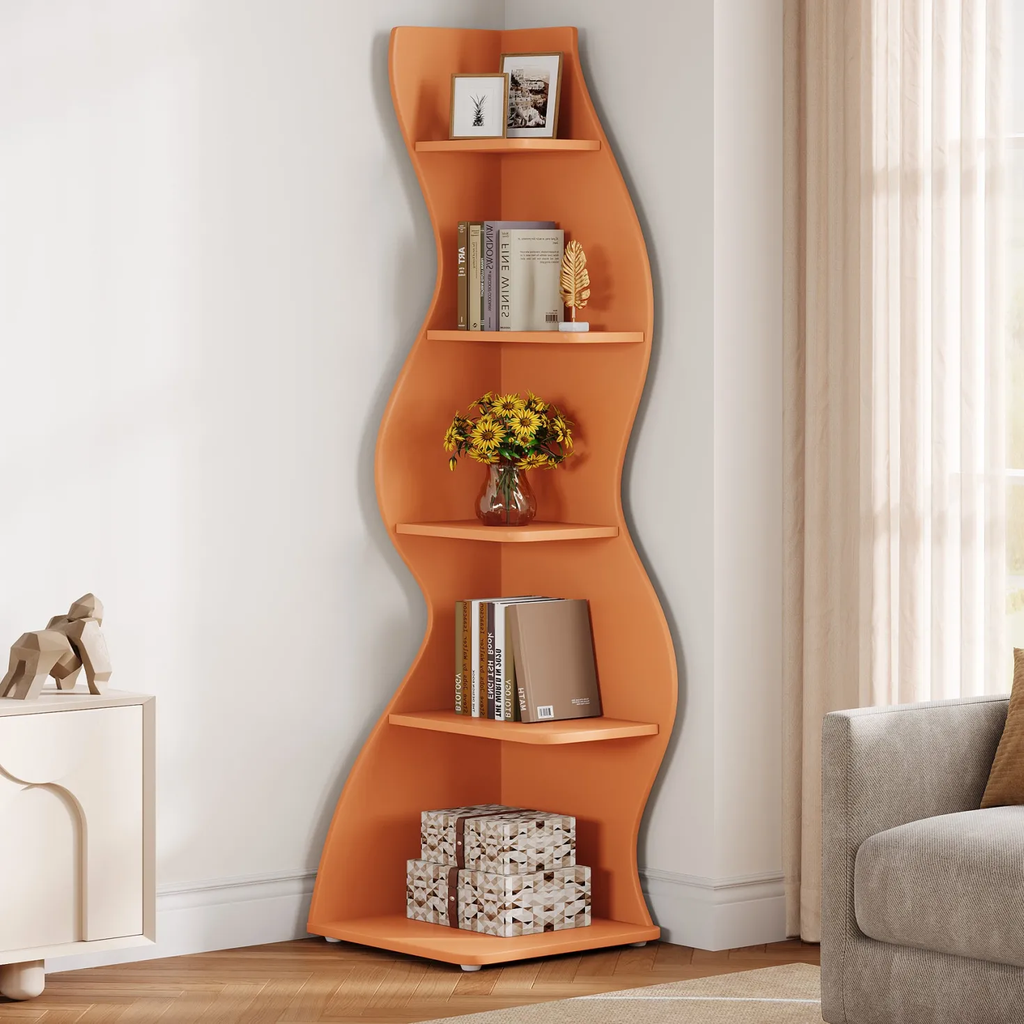 5-Tier Corner Bookcase, Rustic Freestanding Corner Shelf for Small Spaces