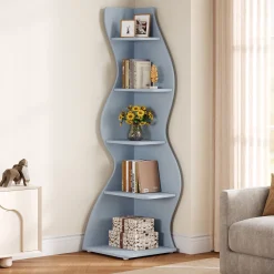 5-Tier Corner Bookcase, Rustic Freestanding Corner Shelf for Small Spaces