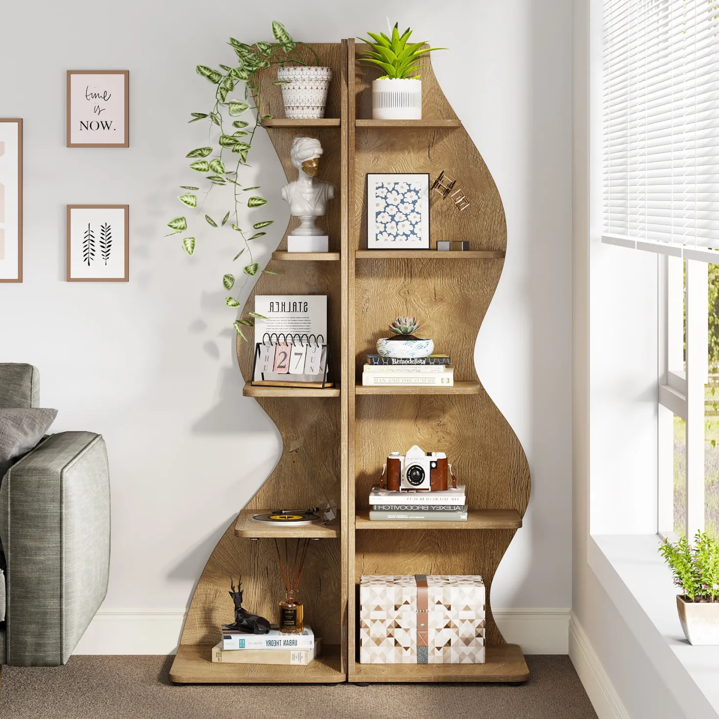 5-Tier Corner Bookcase, Rustic Freestanding Corner Shelf for Small Spaces