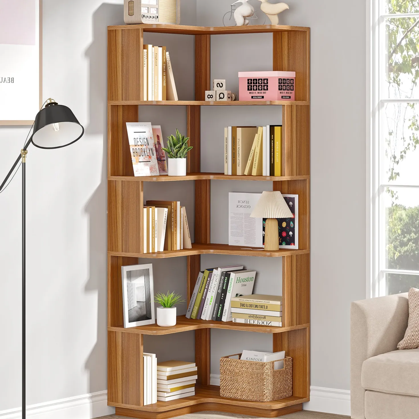 6-Tier Corner Bookshelf, 64.96" Corner Bookcase with Anti-Drop Panel