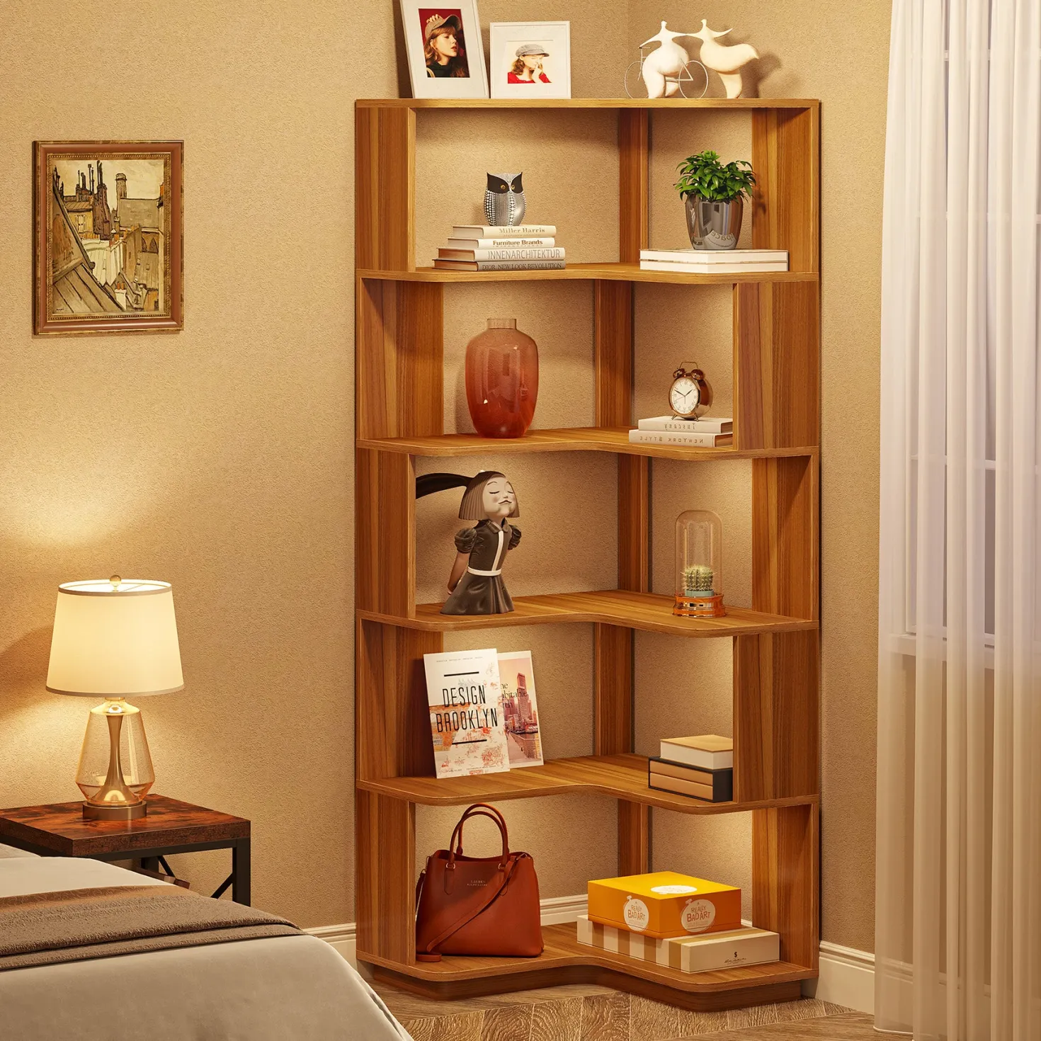 6-Tier Corner Bookshelf, 64.96" Corner Bookcase with Anti-Drop Panel