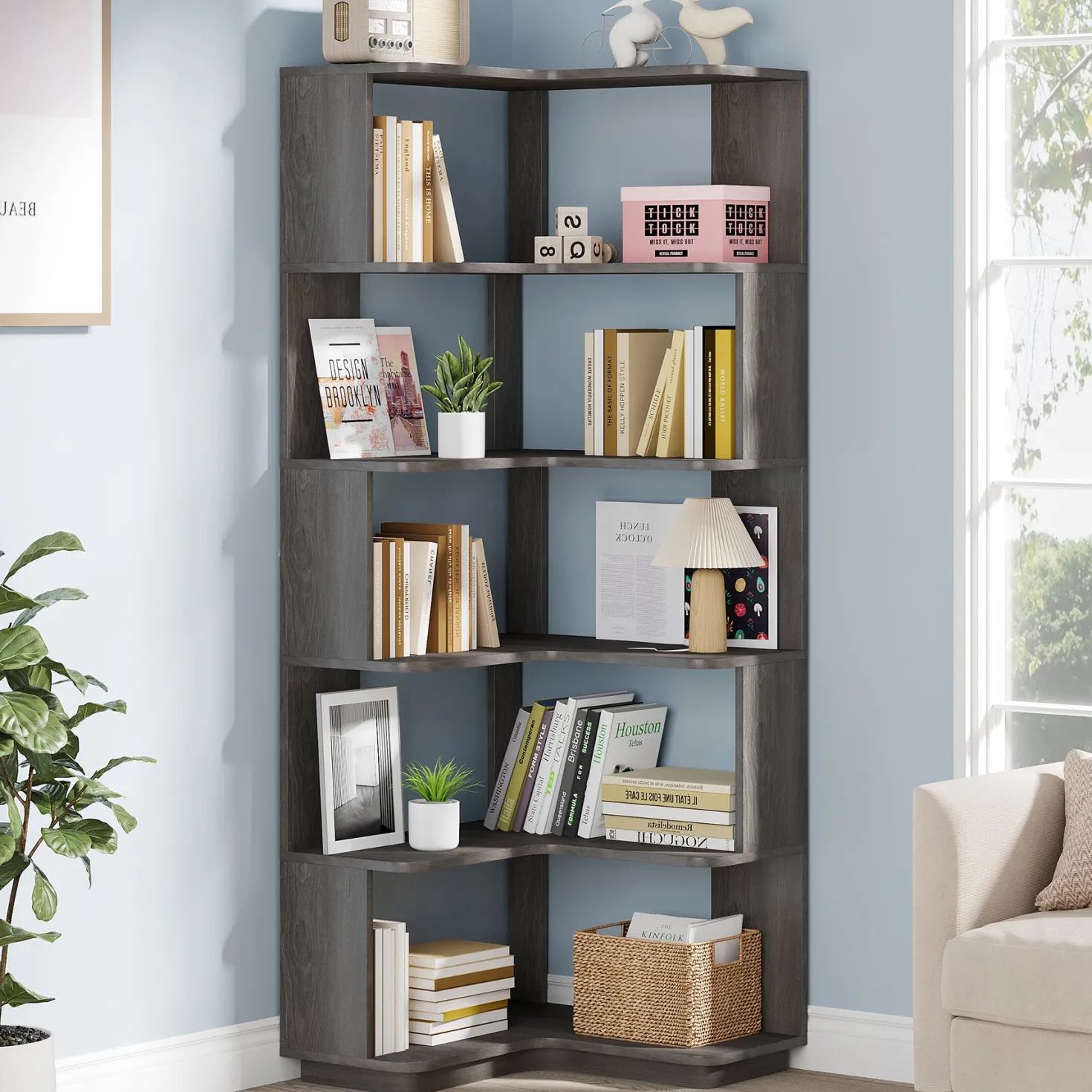 6-Tier Corner Bookshelf, 64.96" Corner Bookcase with Anti-Drop Panel