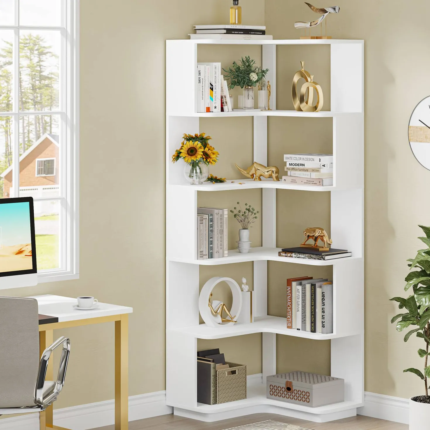 6-Tier Corner Bookshelf, 64.96" Corner Bookcase with Anti-Drop Panel