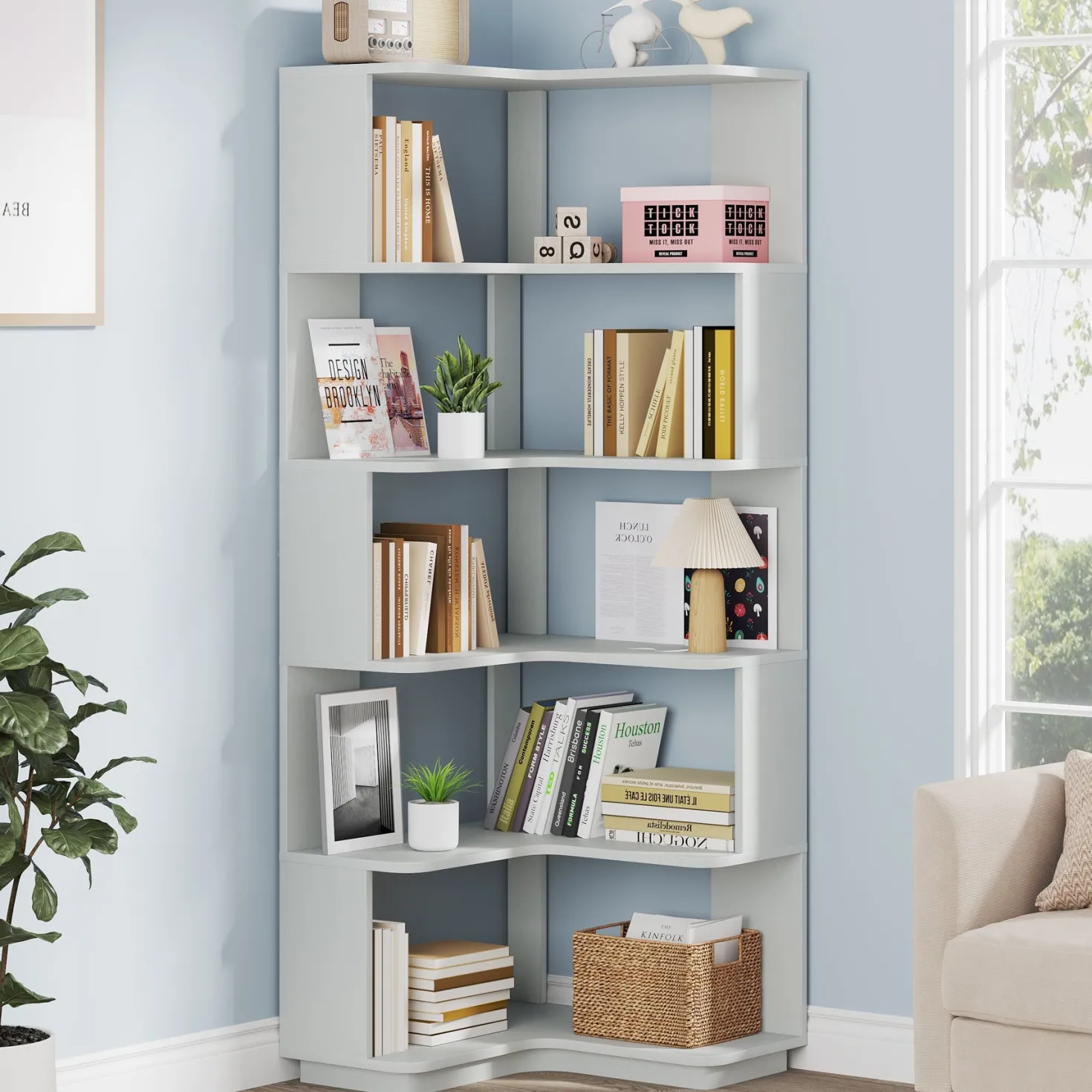 6-Tier Corner Bookshelf, 64.96" Corner Bookcase with Anti-Drop Panel