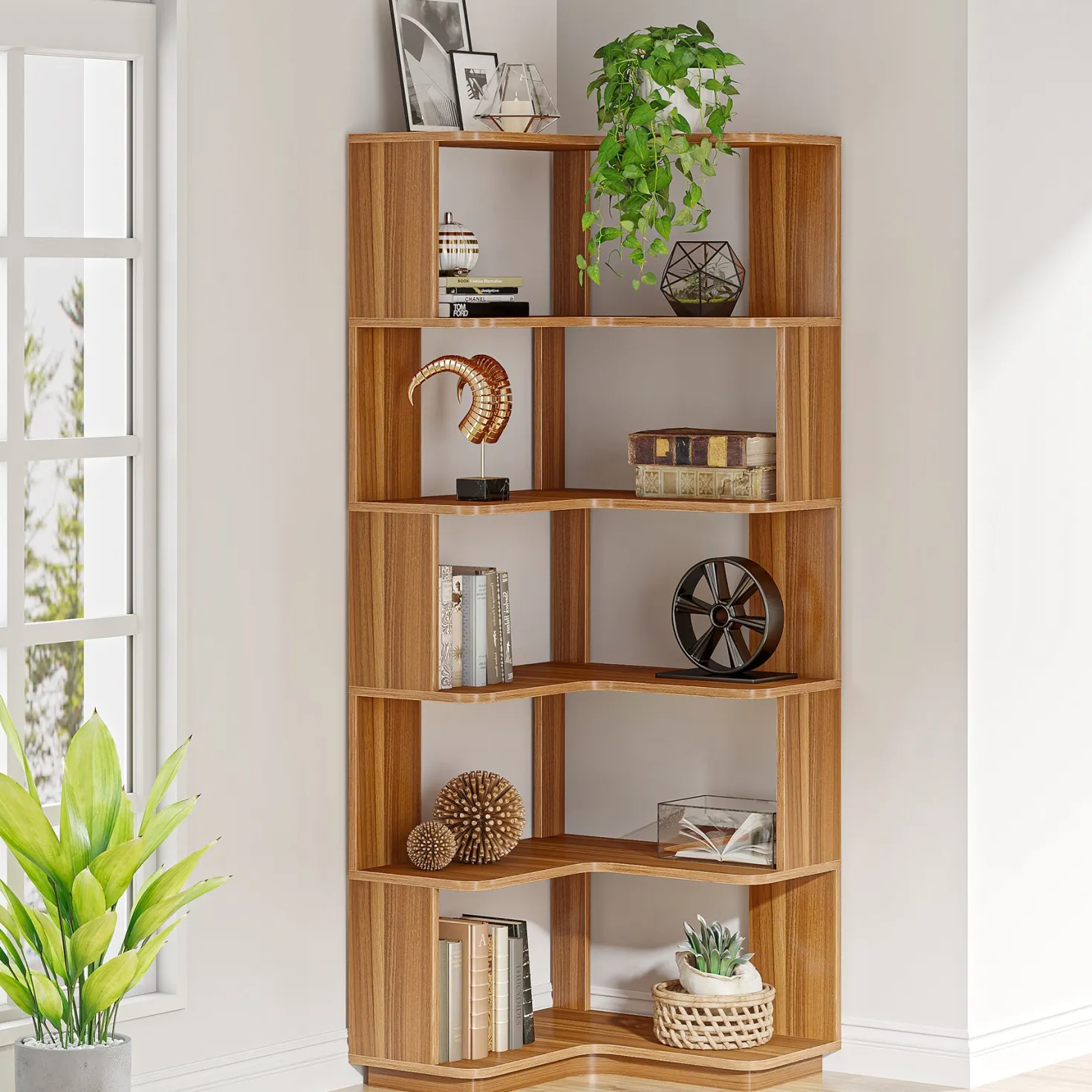 6-Tier Corner Bookshelf, 64.96" Corner Bookcase with Anti-Drop Panel