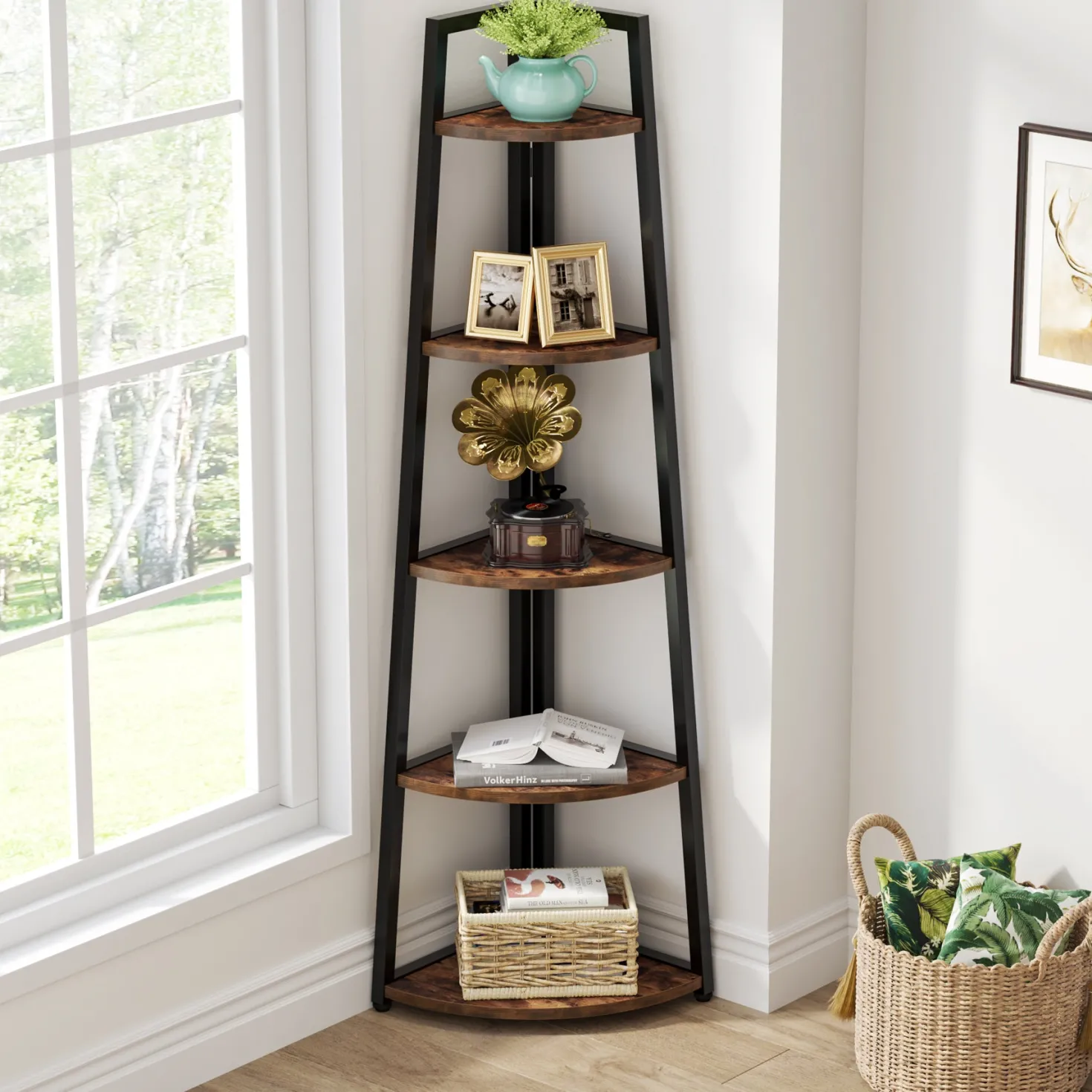 5-Tier Corner Bookshelf, 70" Tall Corner Shelves Plant Stand for Living Room