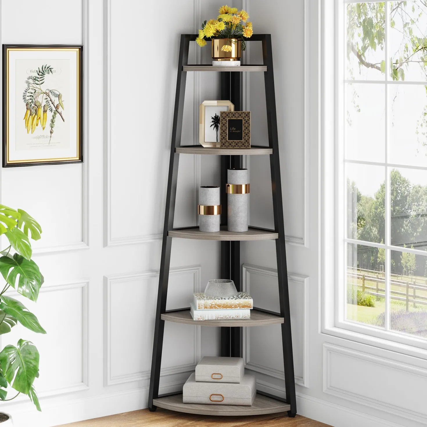 5-Tier Corner Bookshelf, 70" Tall Corner Shelves Plant Stand for Living Room