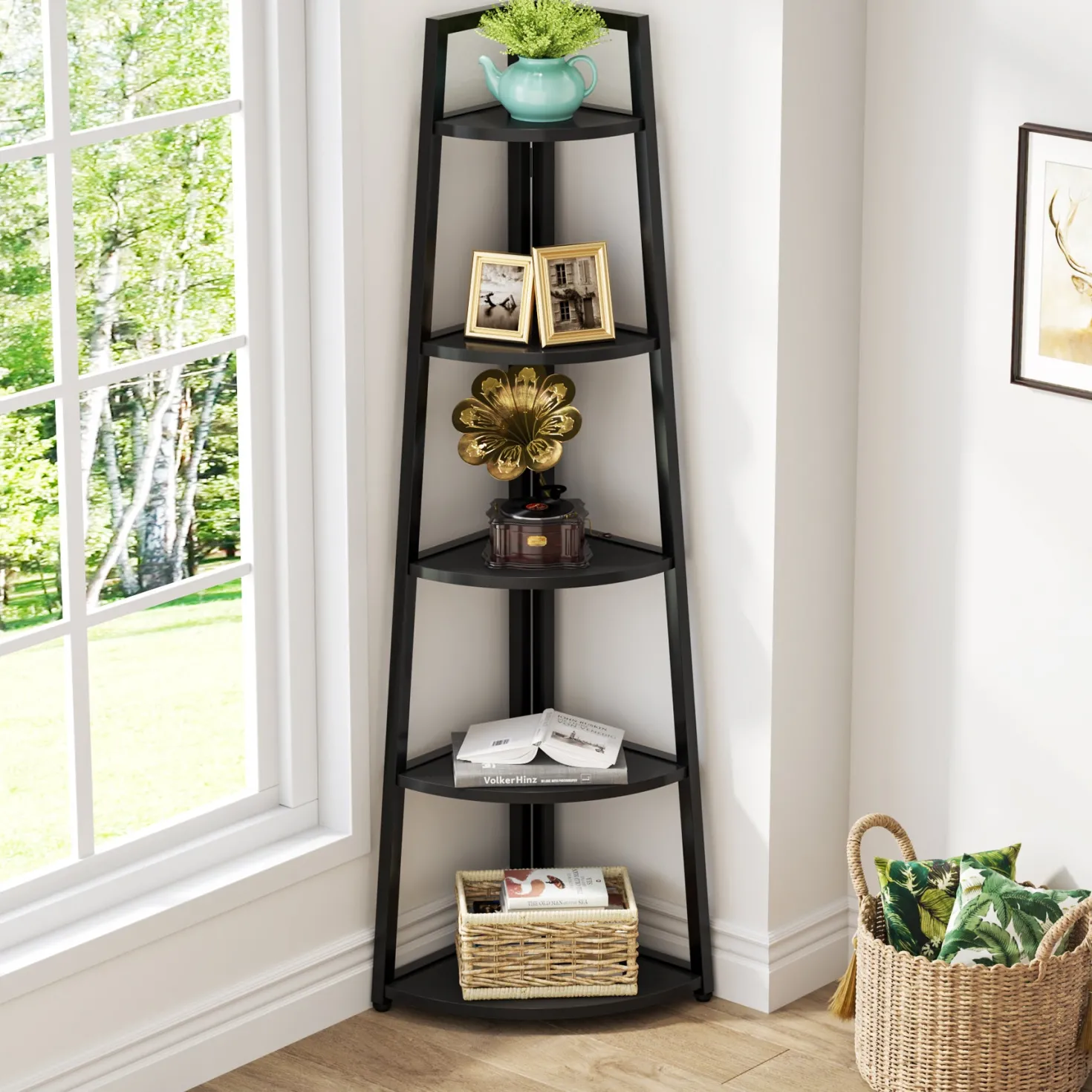 5-Tier Corner Bookshelf, 70" Tall Corner Shelves Plant Stand for Living Room