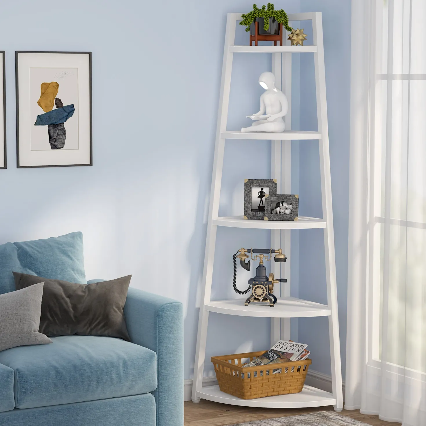 5-Tier Corner Bookshelf, 70" Tall Corner Shelves Plant Stand for Living Room