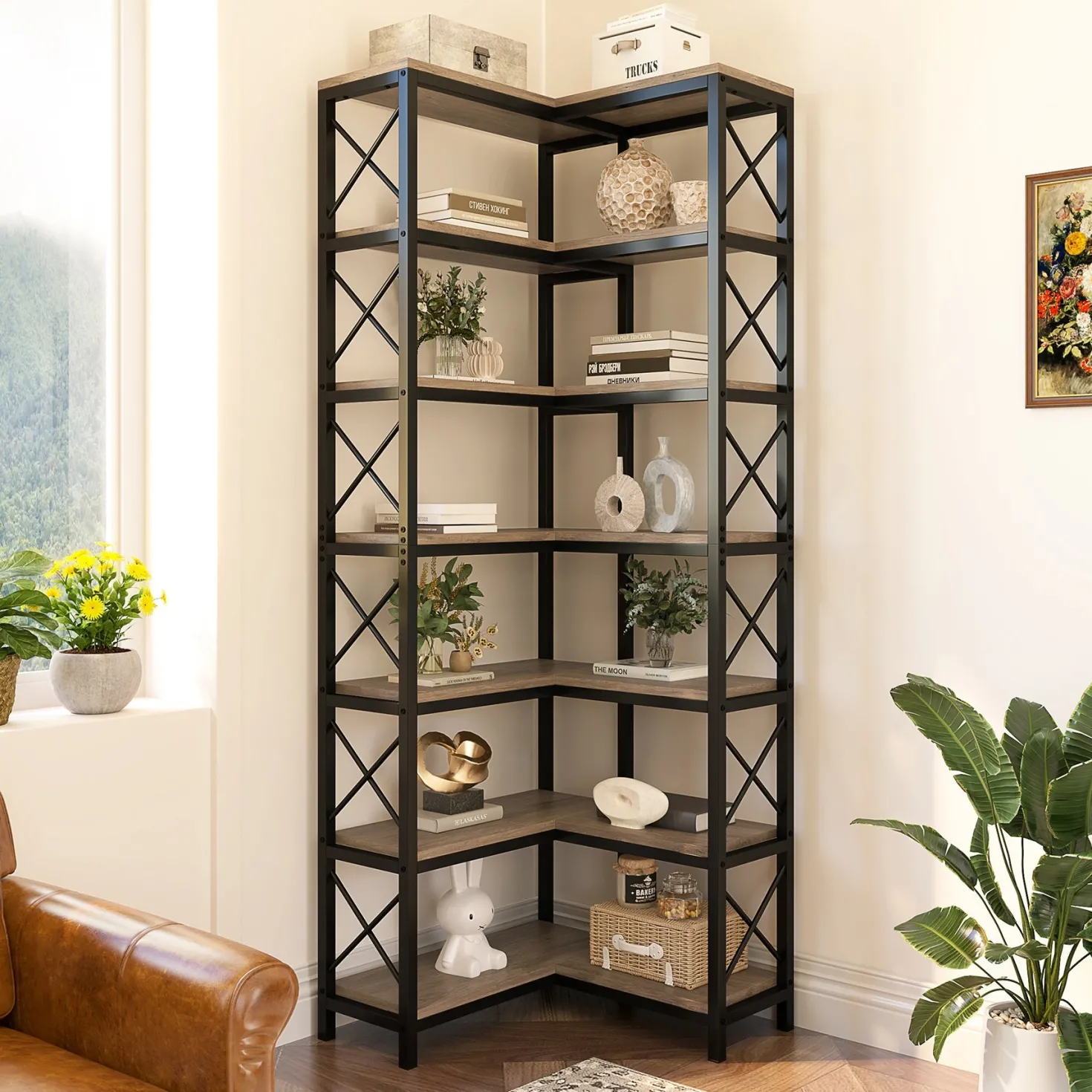 7-Tier Corner Bookshelf Corner Bookcase Storage Display Rack