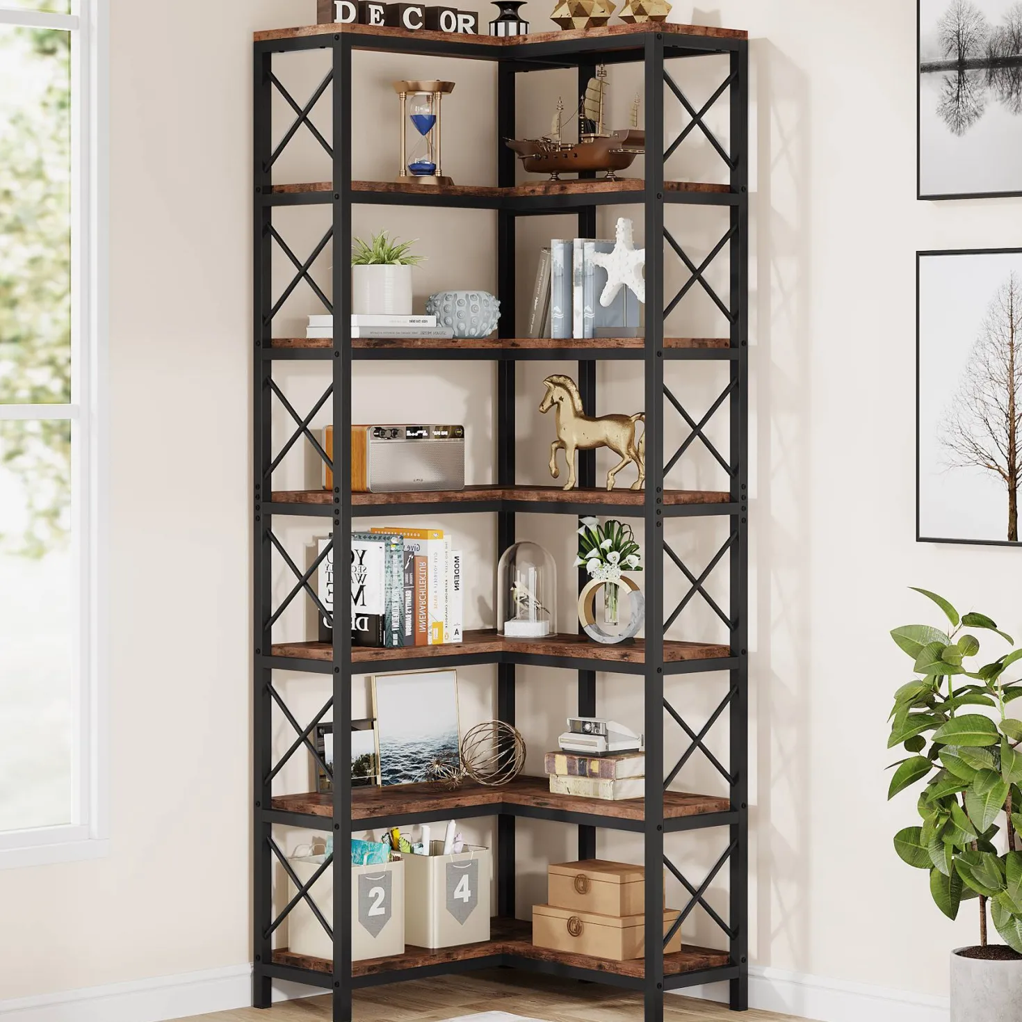 7-Tier Corner Bookshelf Corner Bookcase Storage Display Rack
