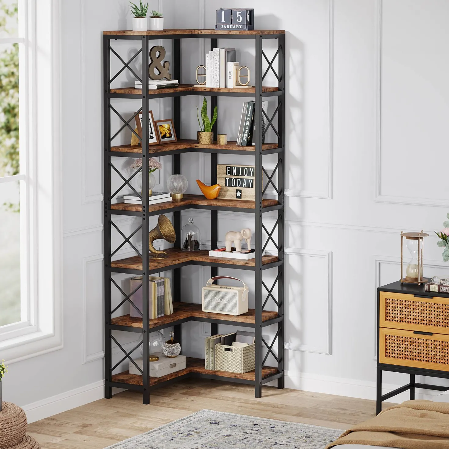 7-Tier Corner Bookshelf Corner Bookcase Storage Display Rack