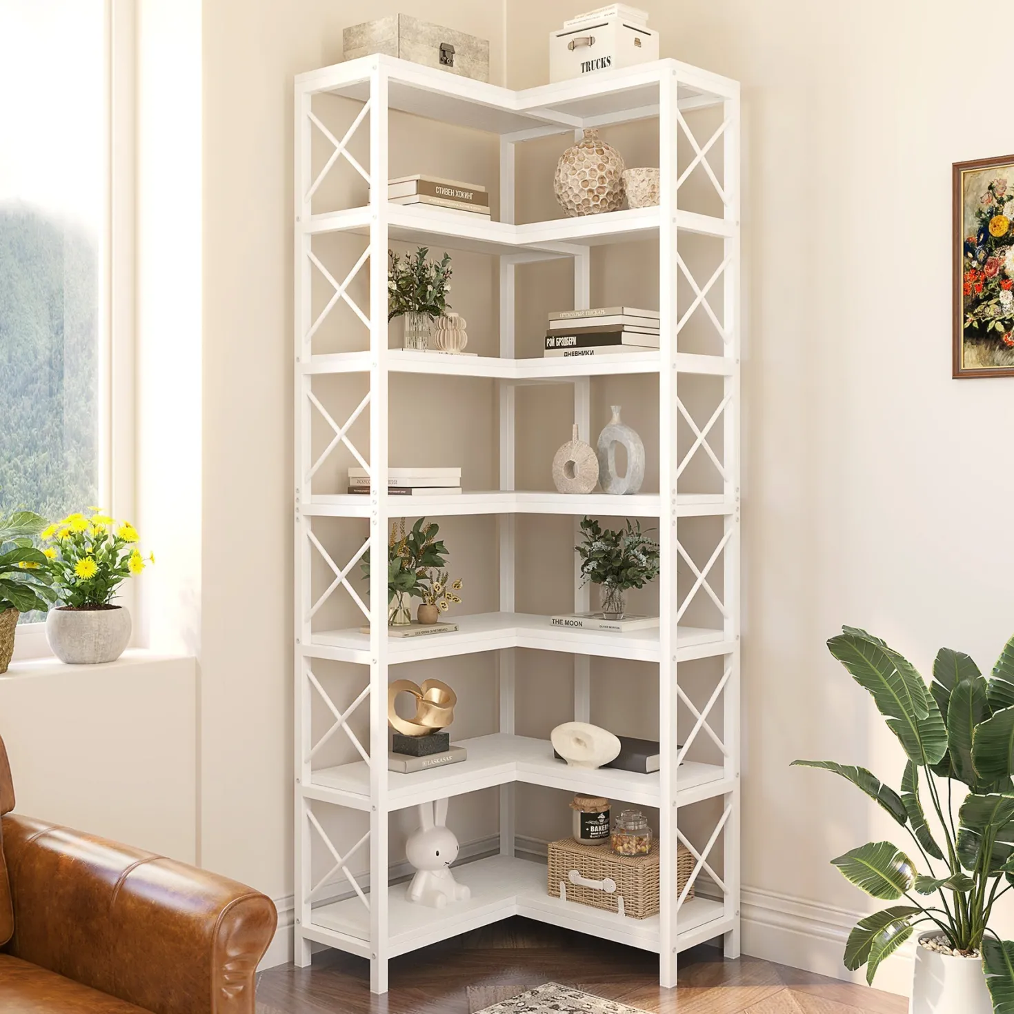 7-Tier Corner Bookshelf Corner Bookcase Storage Display Rack