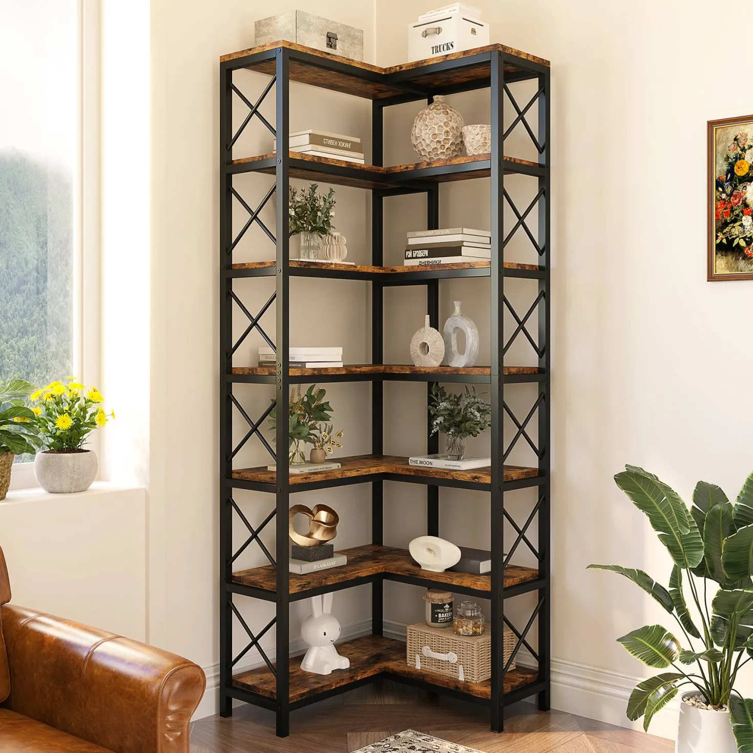 7-Tier Corner Bookshelf Corner Bookcase Storage Display Rack