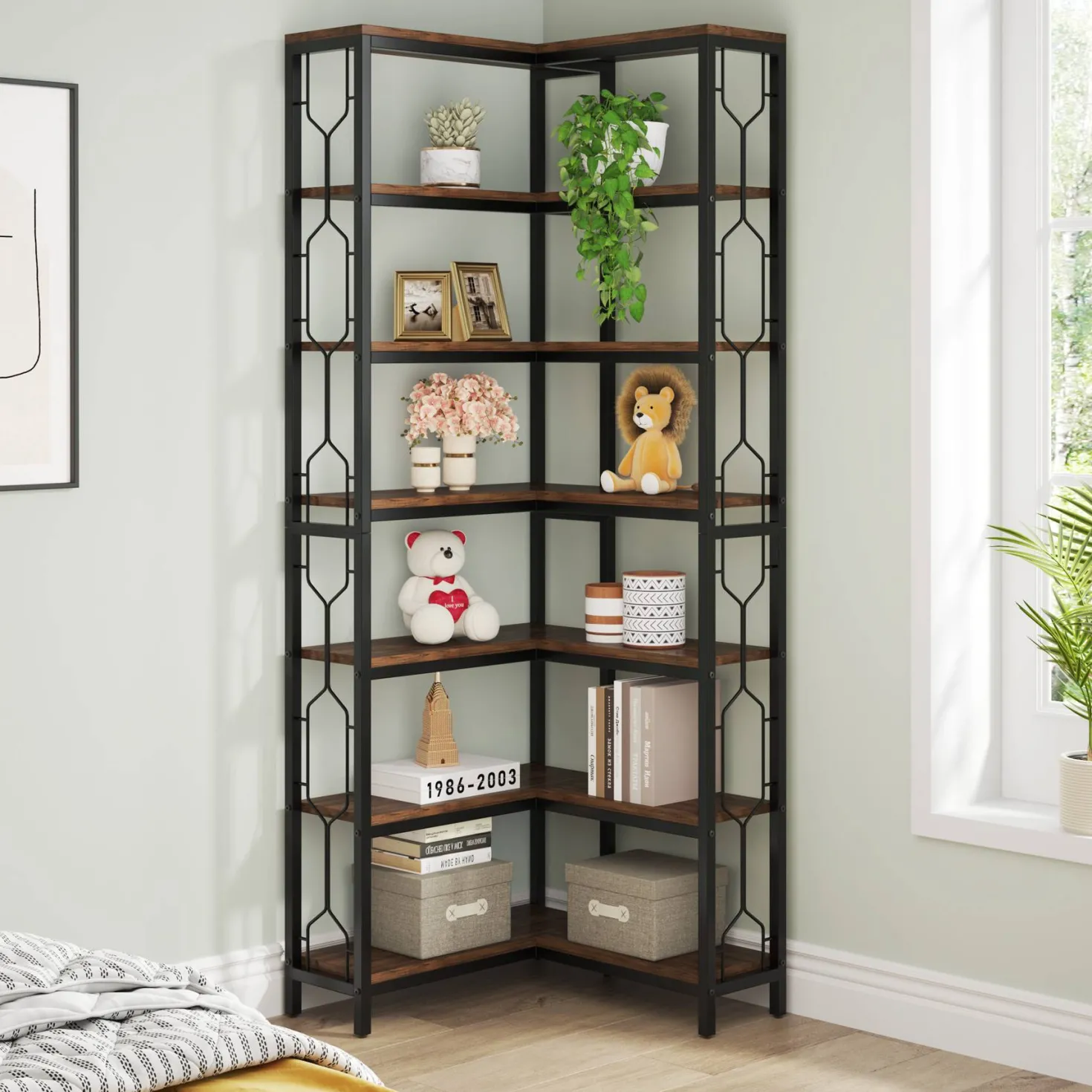 7-Tier Corner Bookshelf, Industrial Corner Etagere Bookcase