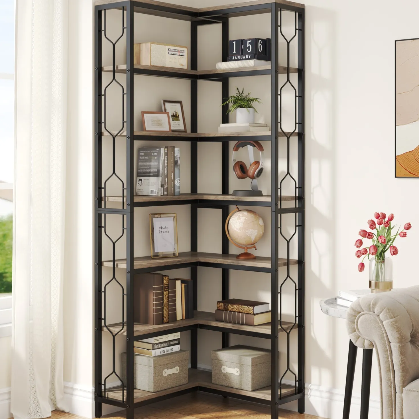7-Tier Corner Bookshelf, Industrial Corner Etagere Bookcase