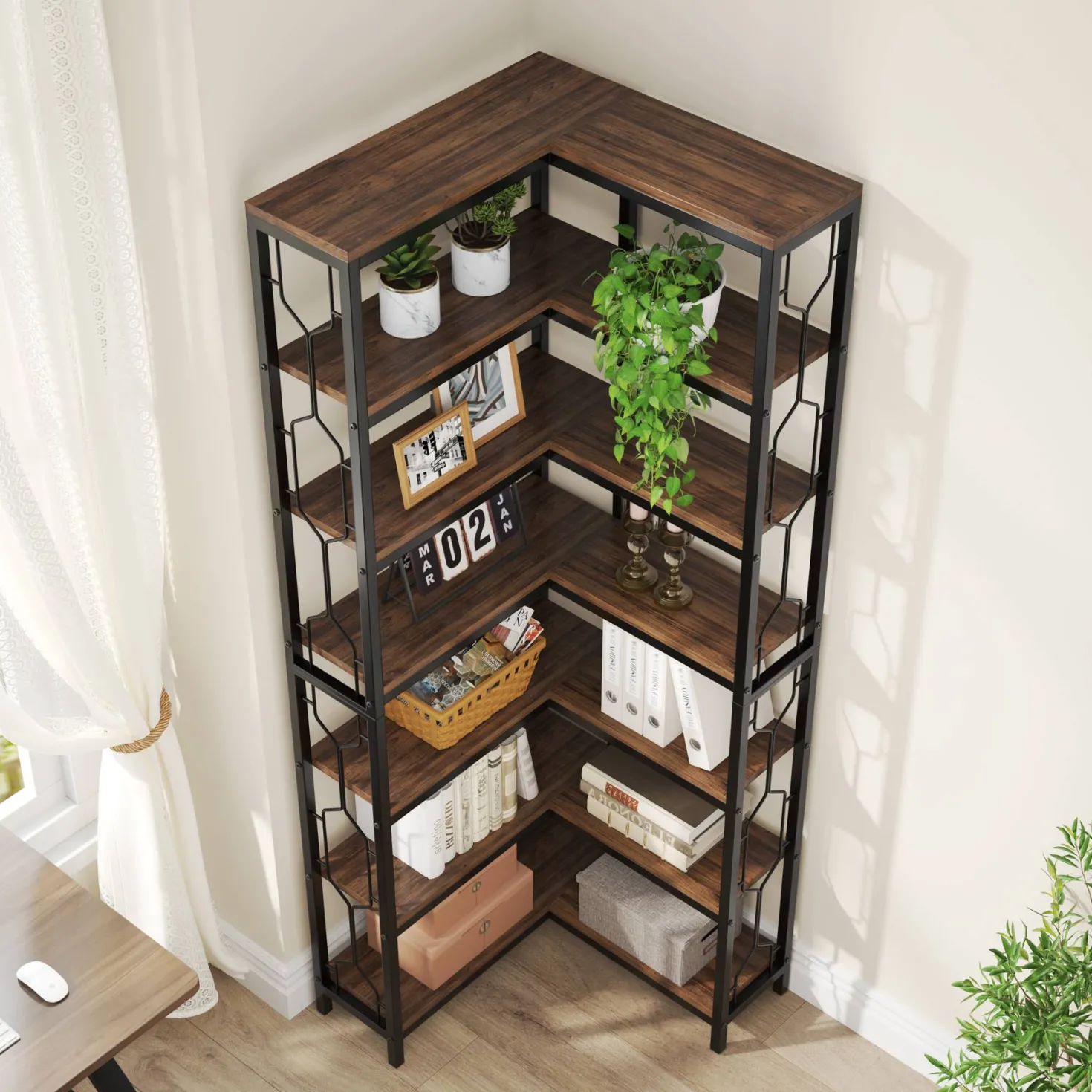 7-Tier Corner Bookshelf, Industrial Corner Etagere Bookcase