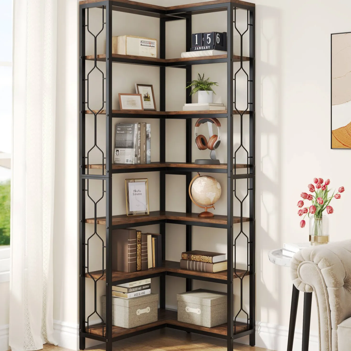 7-Tier Corner Bookshelf, Industrial Corner Etagere Bookcase