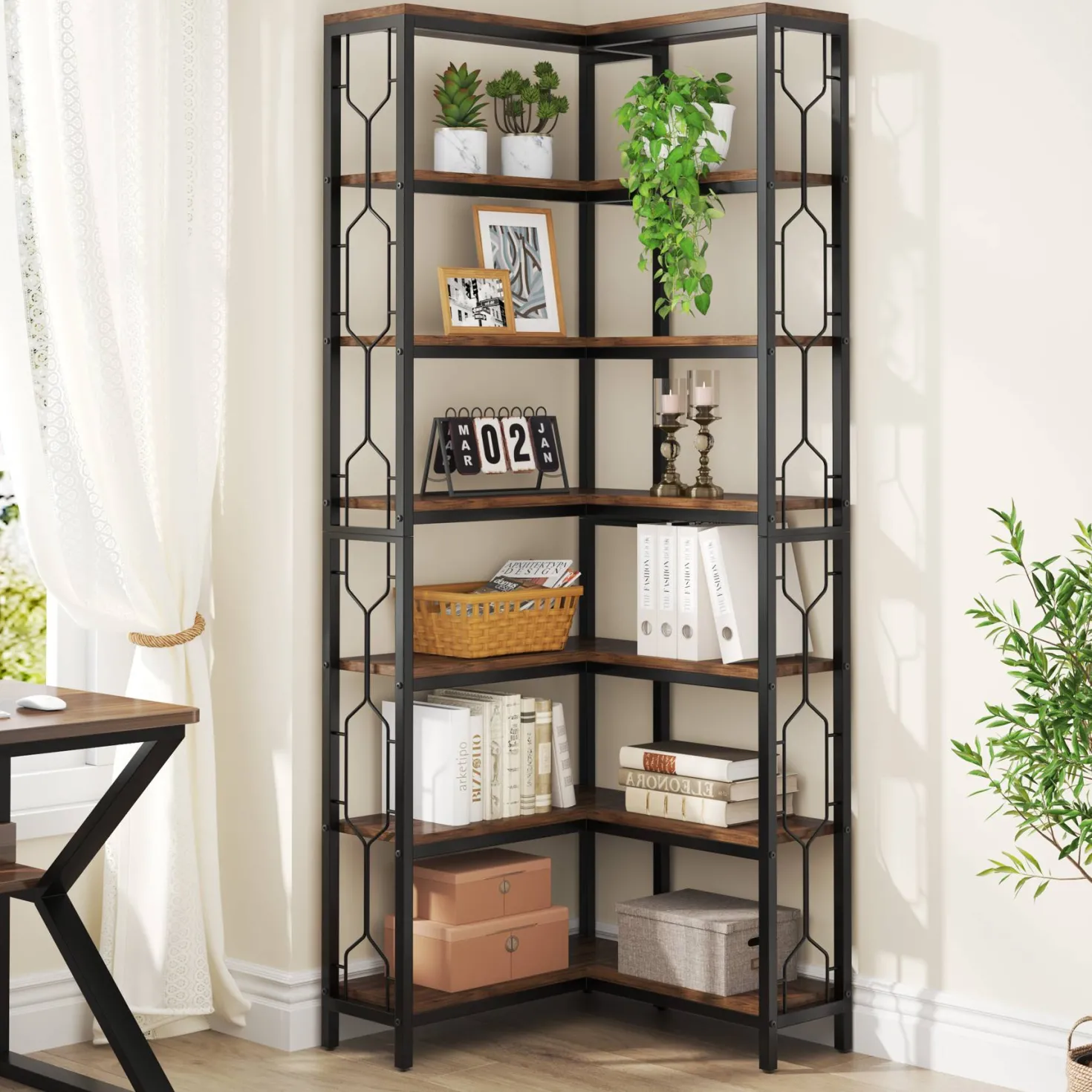 7-Tier Corner Bookshelf, Industrial Corner Etagere Bookcase