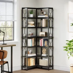 7-Tier Corner Bookshelf, Industrial Corner Etagere Bookcase
