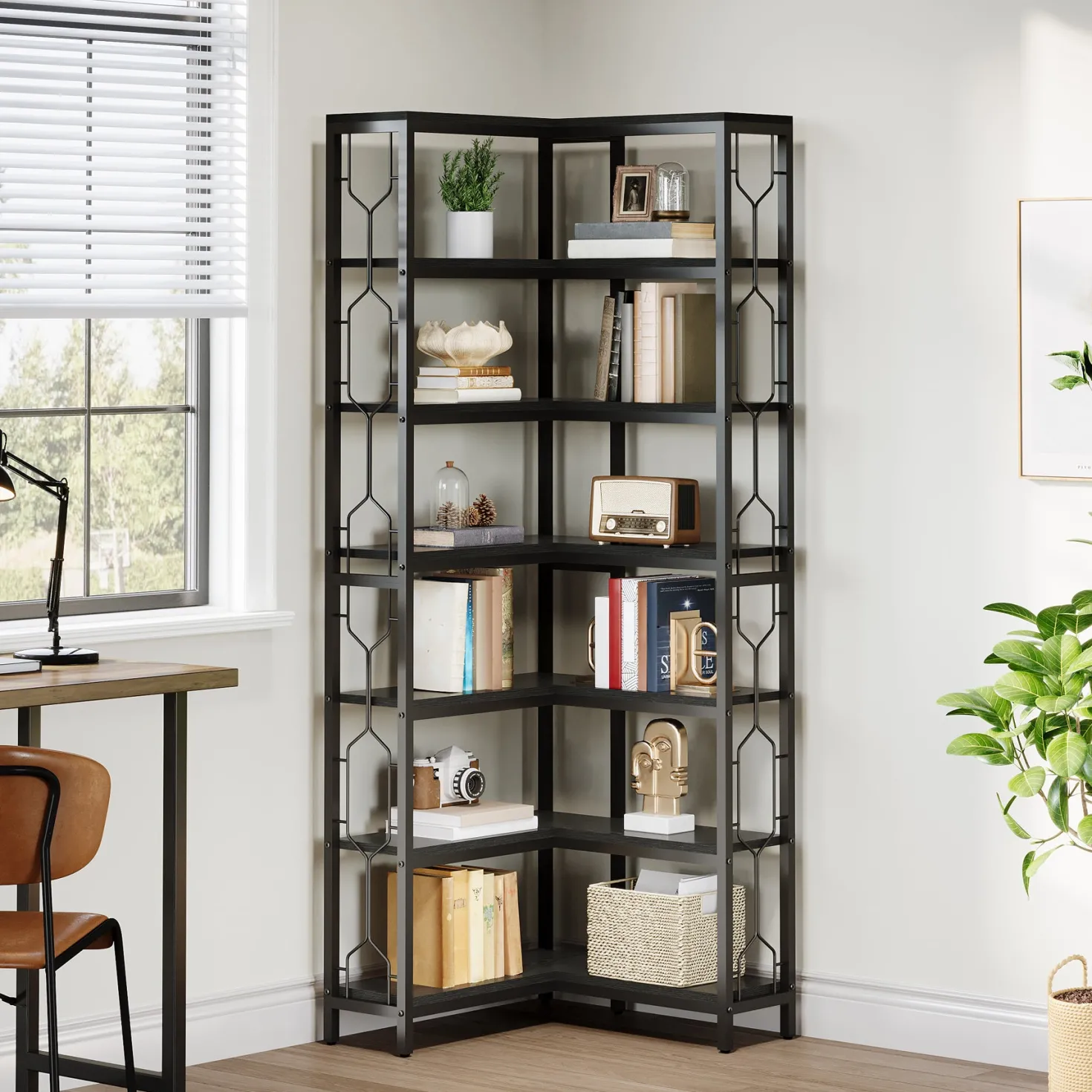 7-Tier Corner Bookshelf, Industrial Corner Etagere Bookcase