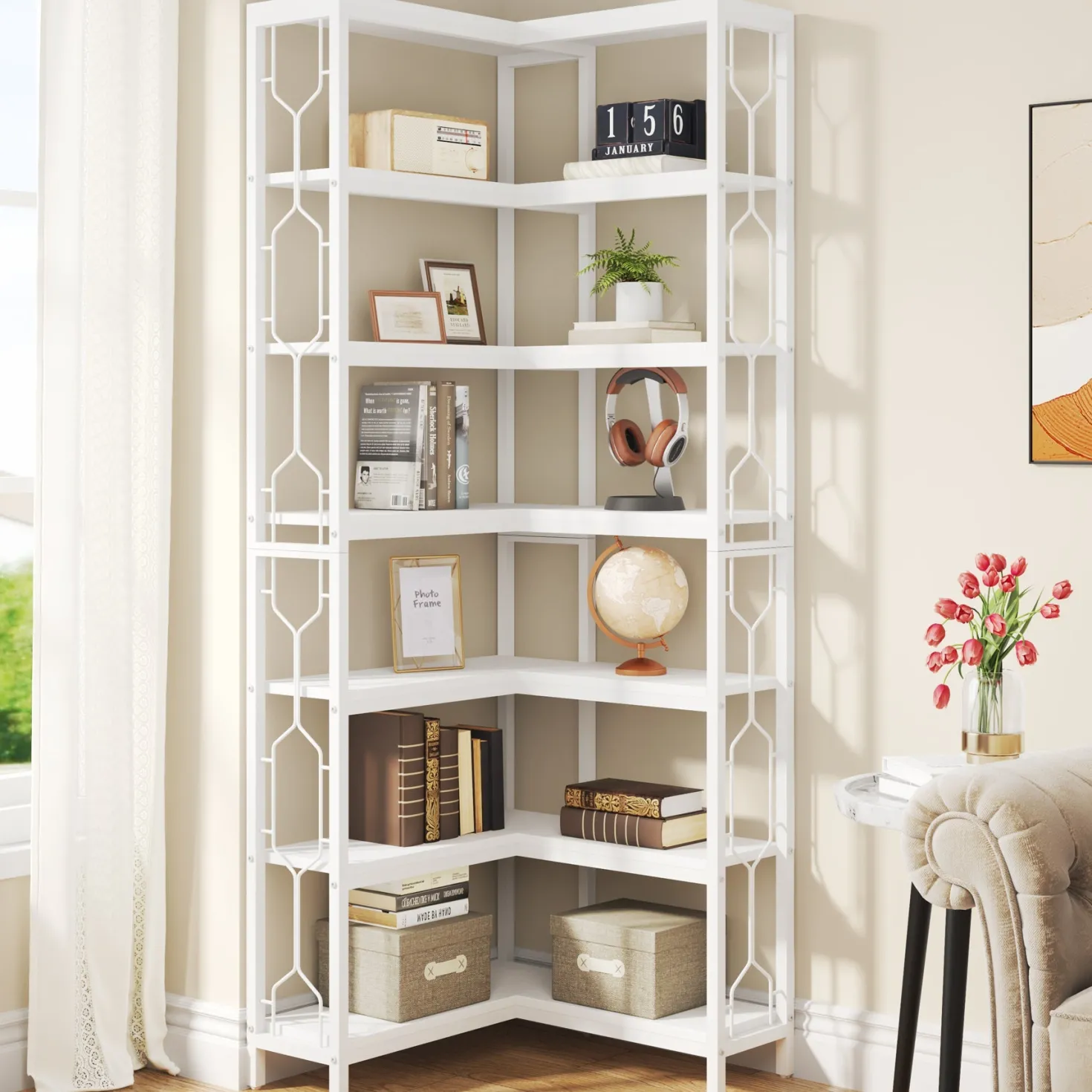 7-Tier Corner Bookshelf, Industrial Corner Etagere Bookcase