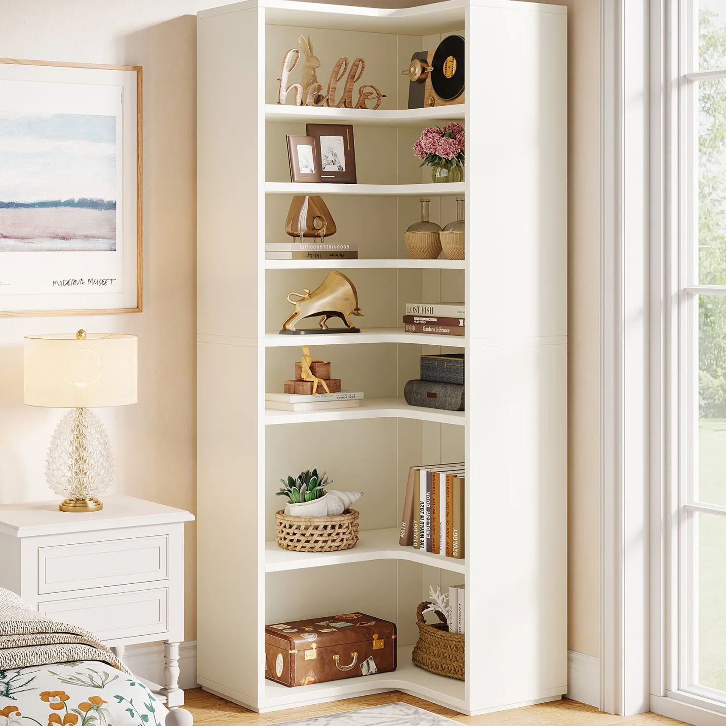 9-Tier Corner Bookshelf, Modern L-Shaped Bookcase Display Shelf