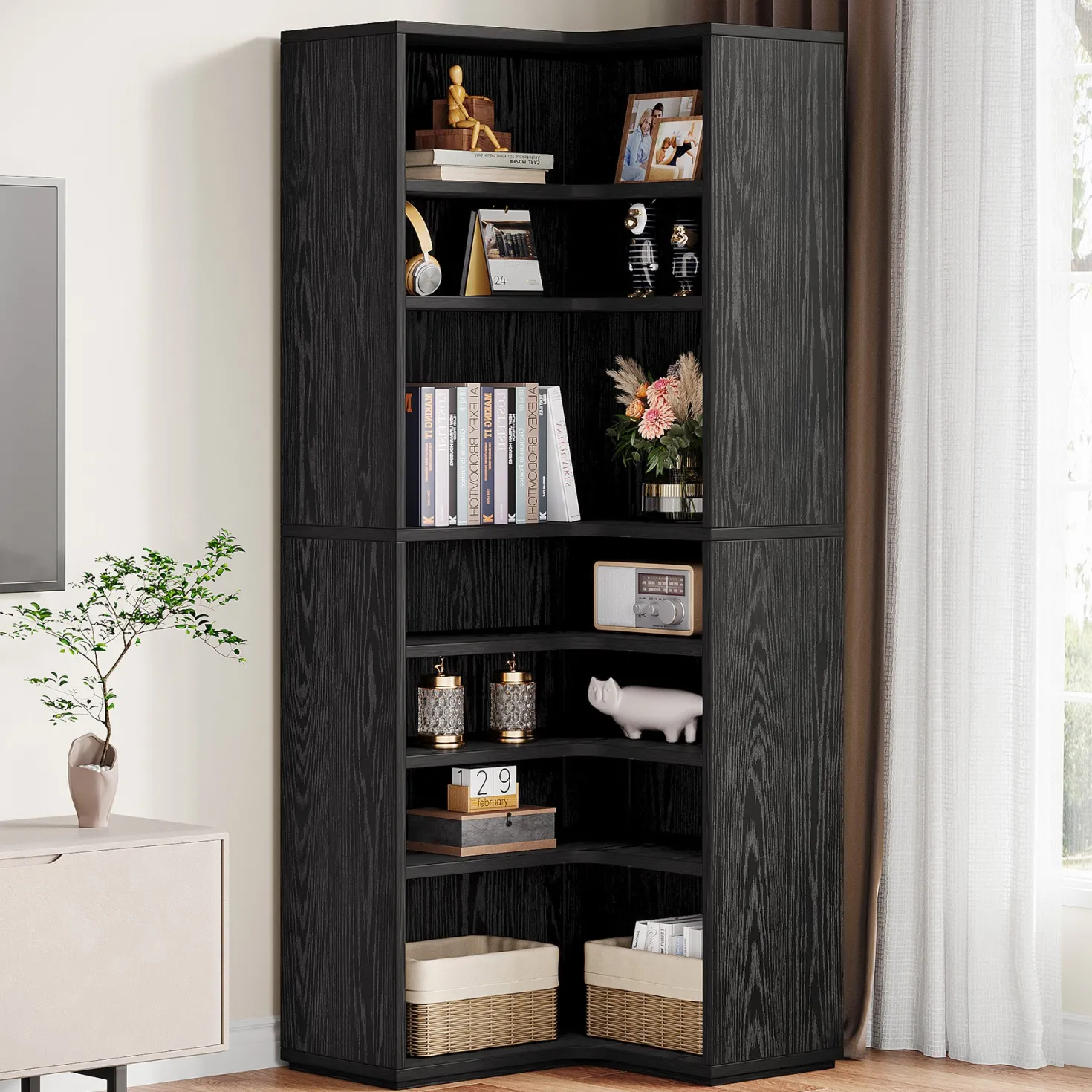 9-Tier Corner Bookshelf, Modern L-Shaped Bookcase Display Shelf