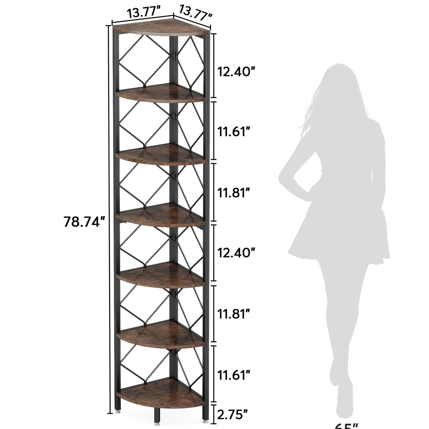 7-Tier Corner Shelf, 78.7" Corner Bookcase Slim Corner Storage Rack