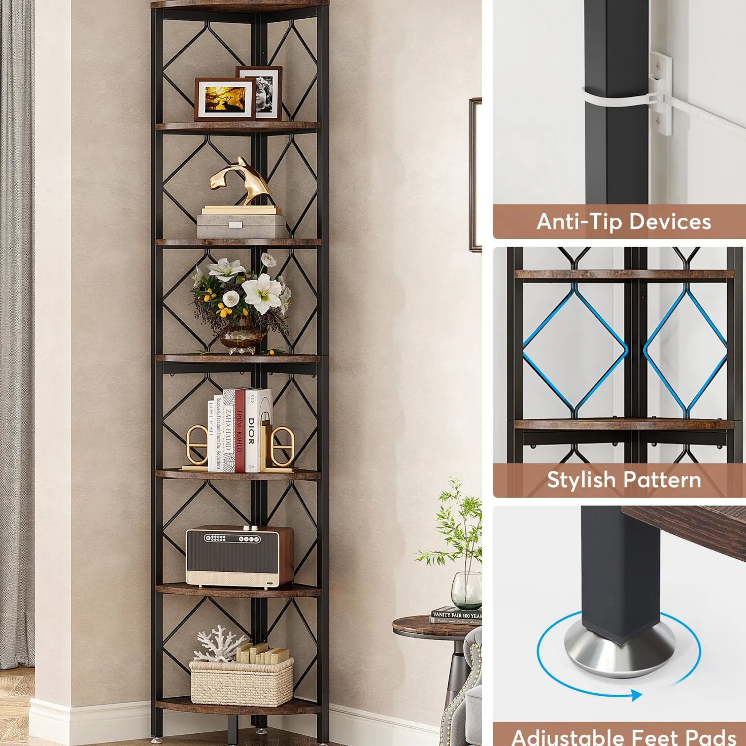 7-Tier Corner Shelf, 78.7" Corner Bookcase Slim Corner Storage Rack