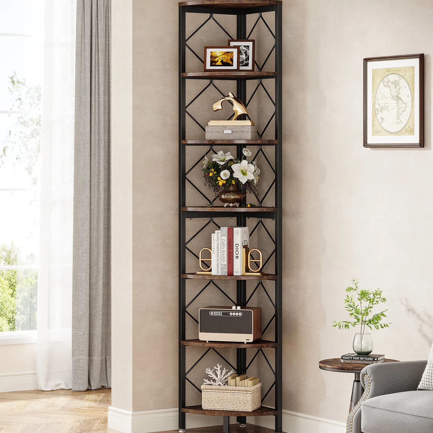 7-Tier Corner Shelf, 78.7" Corner Bookcase Slim Corner Storage Rack