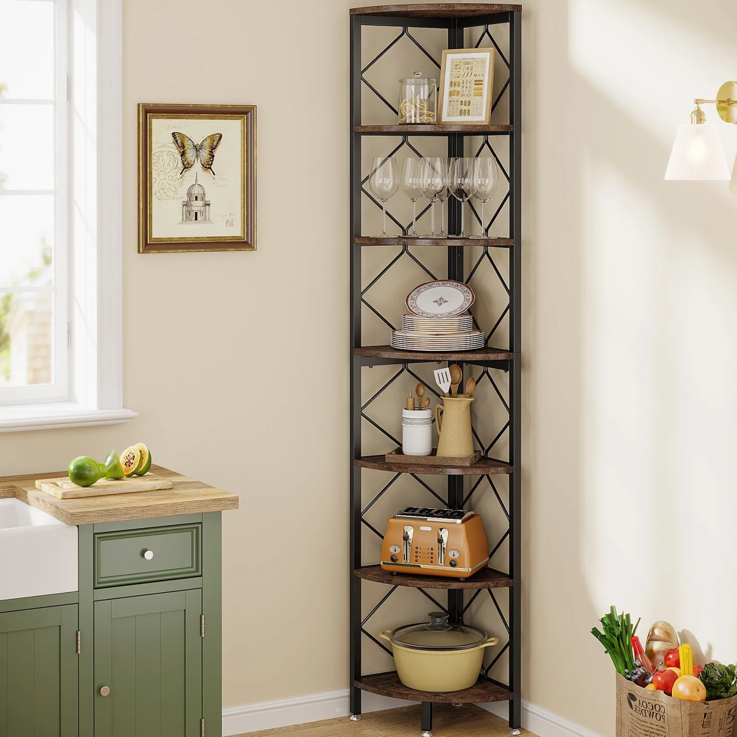 7-Tier Corner Shelf, 78.7" Corner Bookcase Slim Corner Storage Rack