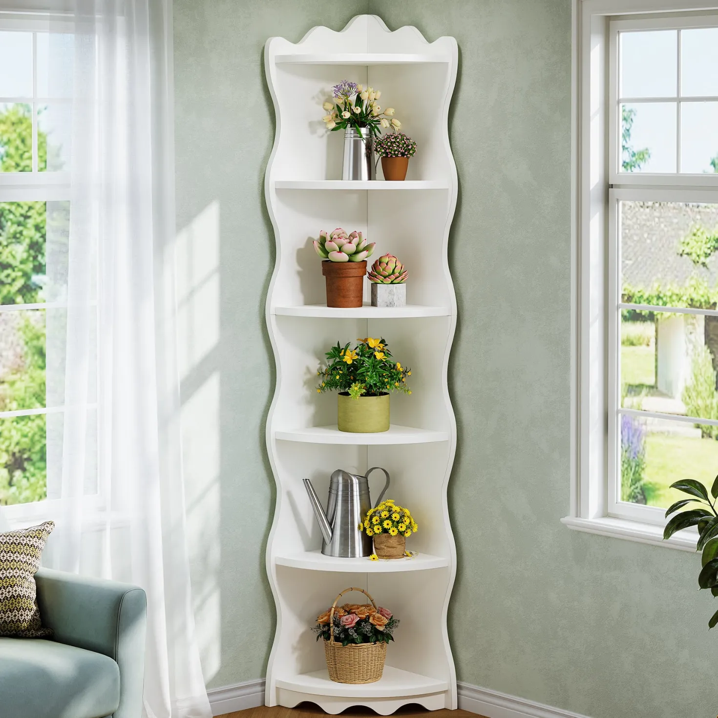 5-Tier Corner Shelf, 70.8" Corner Bookshelf Wavy Shaped Display Rack