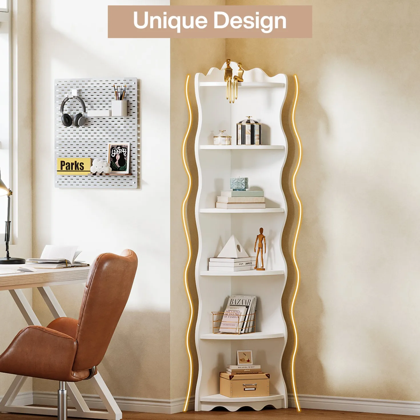 5-Tier Corner Shelf, 70.8" Corner Bookshelf Wavy Shaped Display Rack