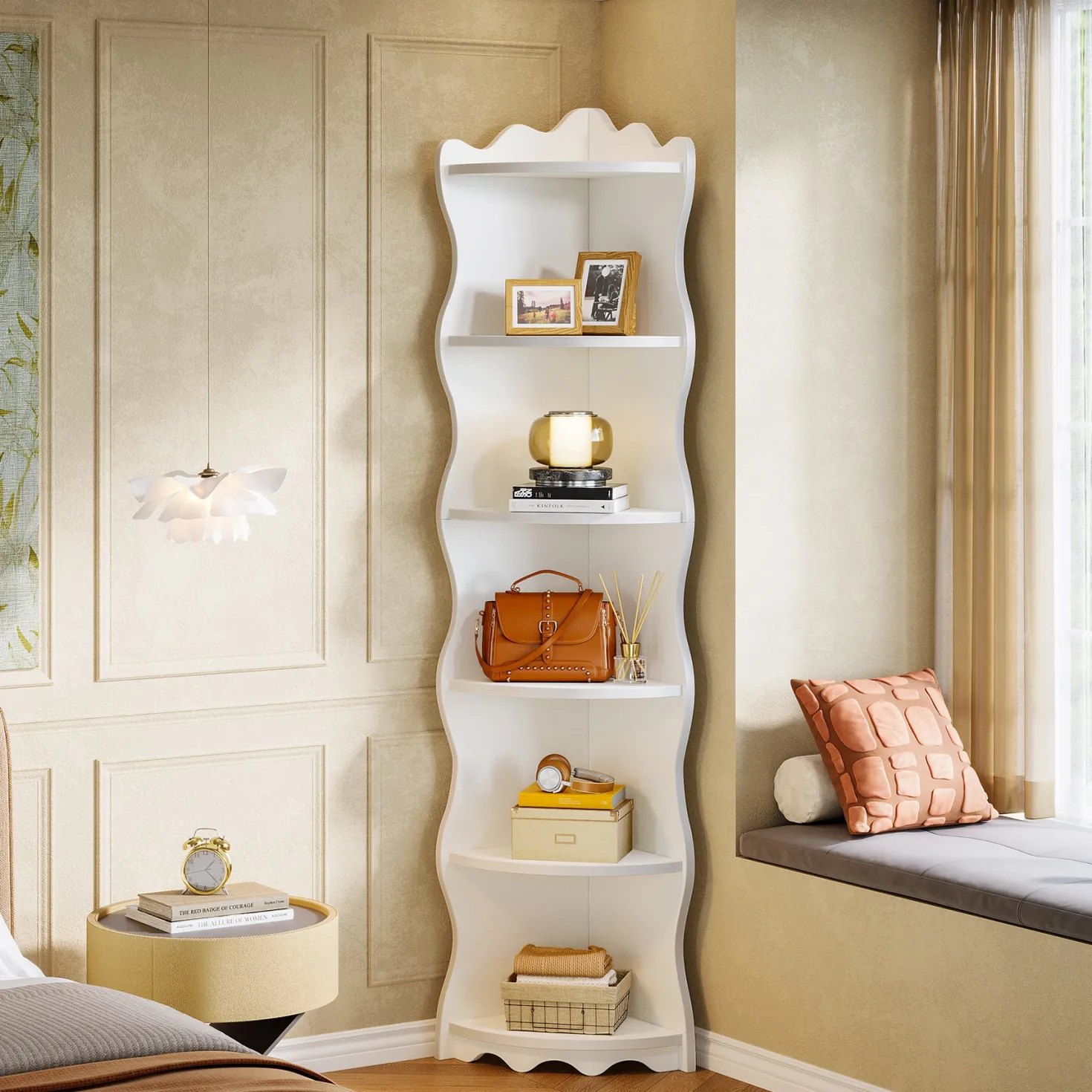 5-Tier Corner Shelf, 70.8" Corner Bookshelf Wavy Shaped Display Rack