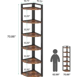 6-Tier Corner Shelf, 70.9 Inch Tall Corner Bookshelf Small Bookcase Rustic Corner Shelving Unit Storage Rack
