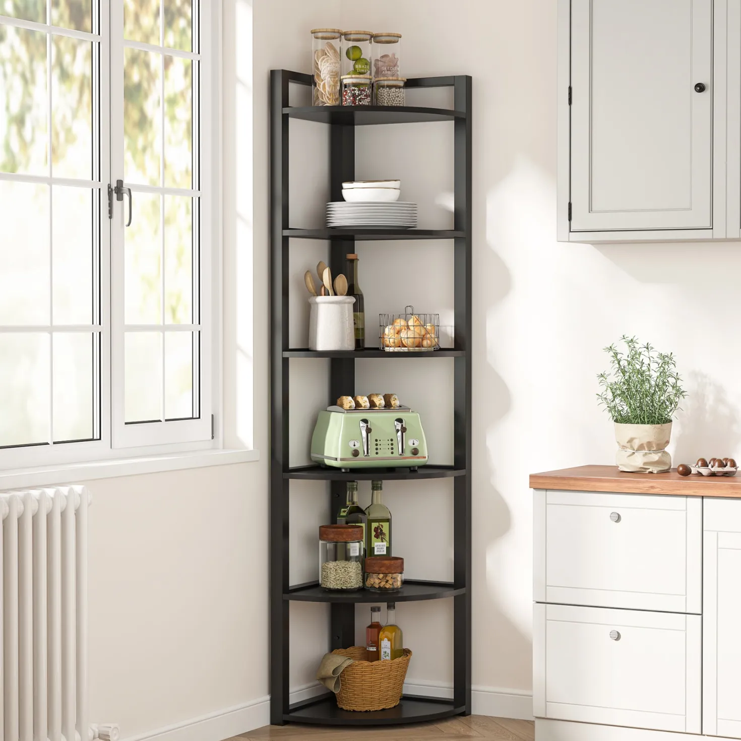 6-Tier Corner Shelf, 70.9 Inch Tall Corner Bookshelf Small Bookcase Rustic Corner Shelving Unit Storage Rack