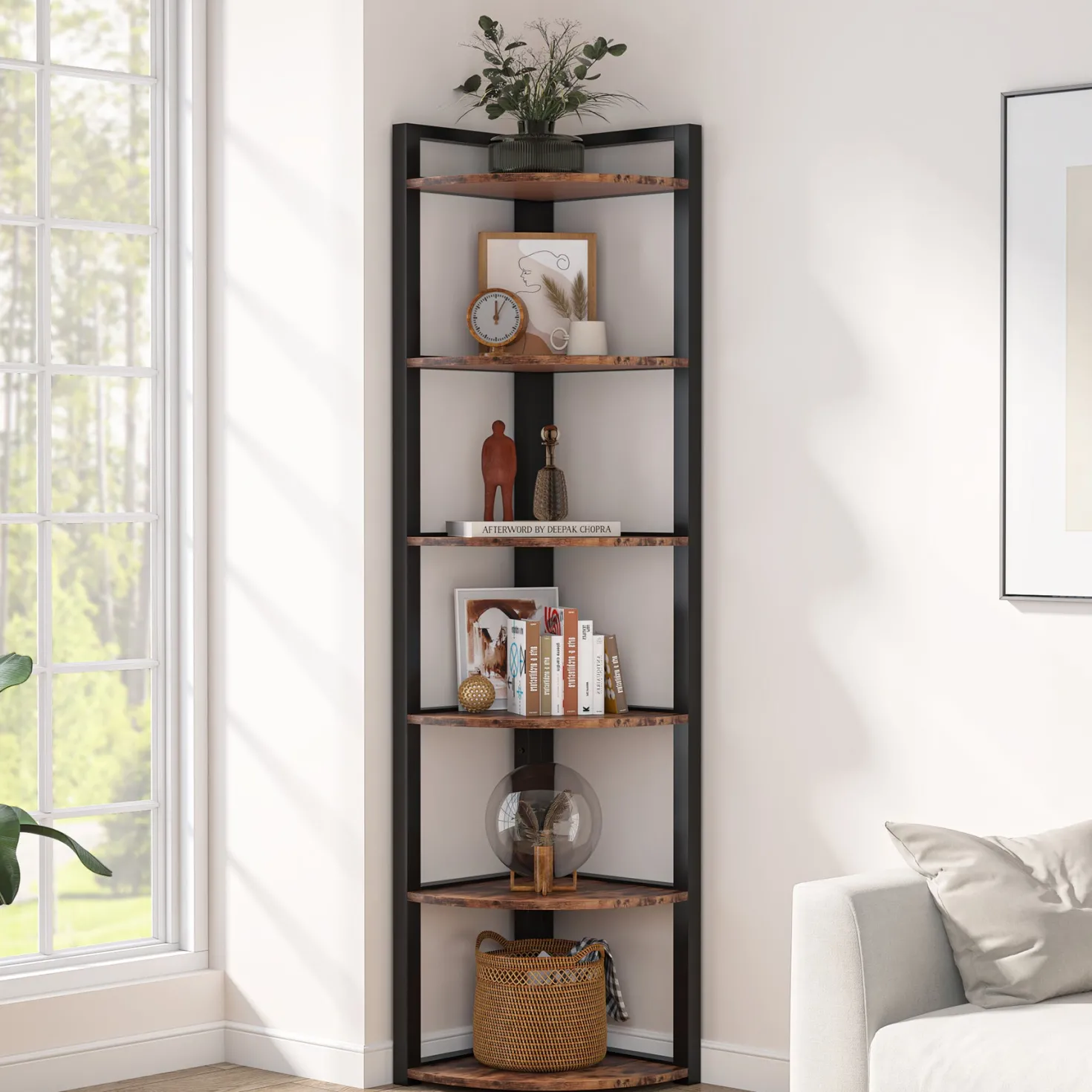 6-Tier Corner Shelf, 70.9 Inch Tall Corner Bookshelf Small Bookcase Rustic Corner Shelving Unit Storage Rack