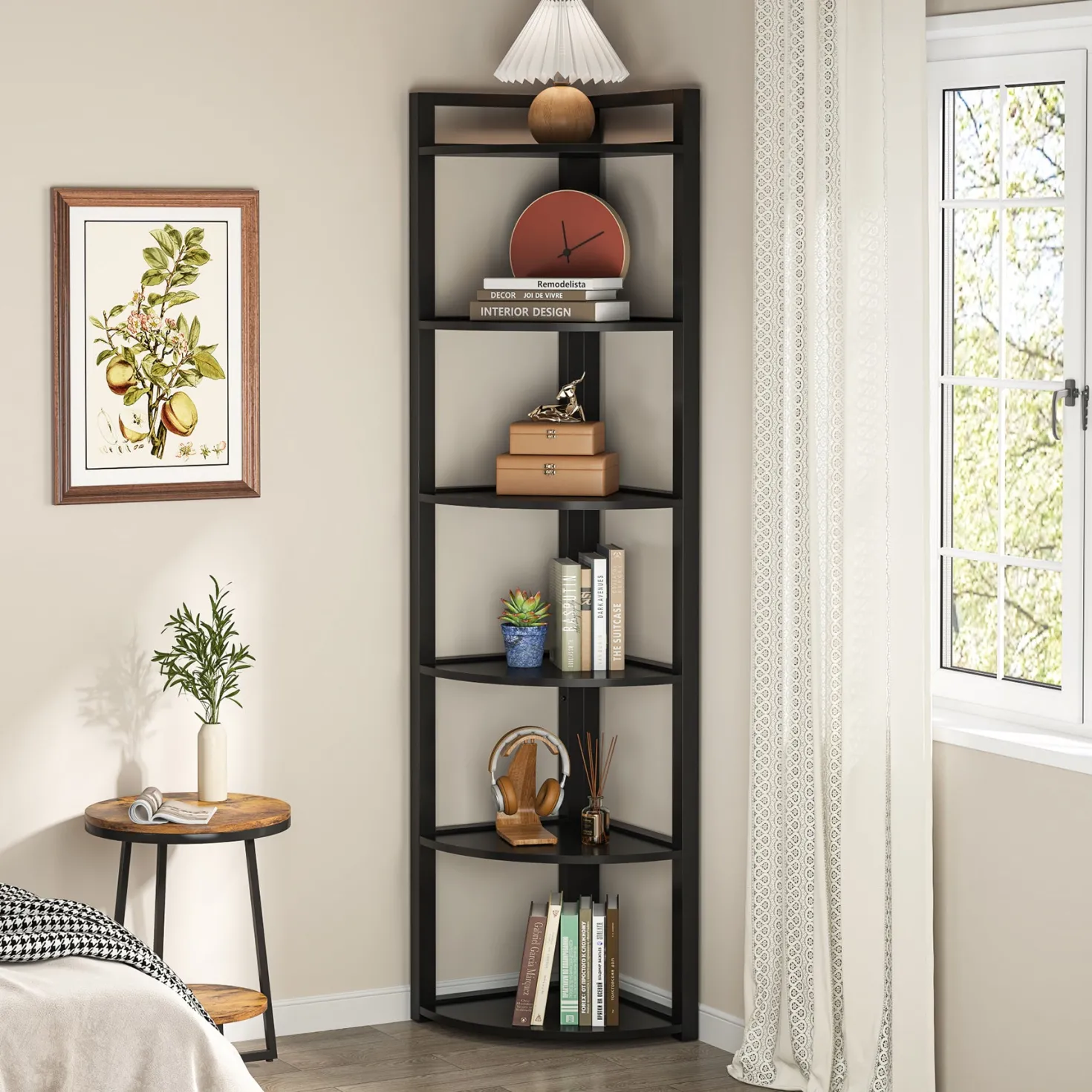 6-Tier Corner Shelf, 70.9 Inch Tall Corner Bookshelf Small Bookcase Rustic Corner Shelving Unit Storage Rack