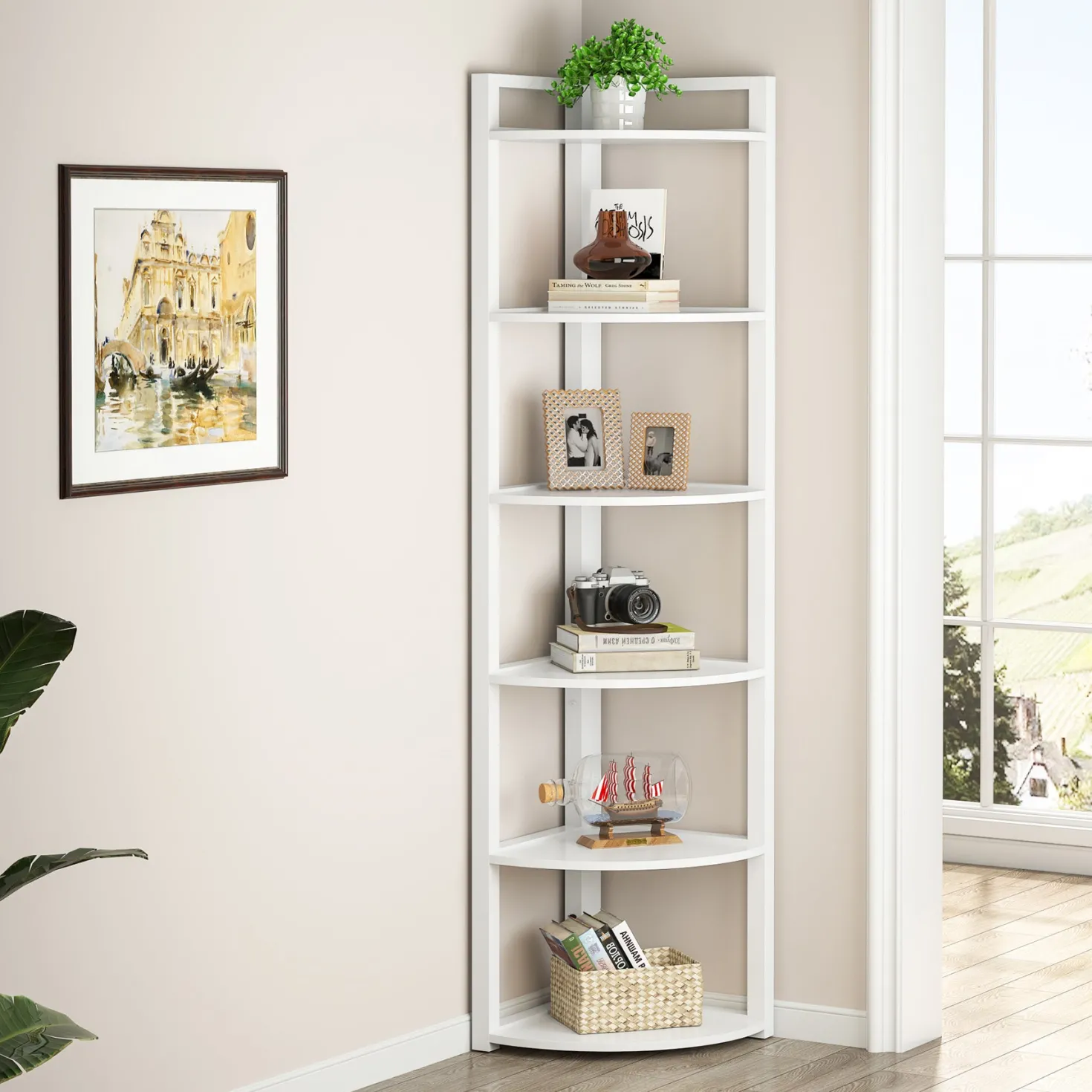 6-Tier Corner Shelf, 70.9 Inch Tall Corner Bookshelf Small Bookcase Rustic Corner Shelving Unit Storage Rack