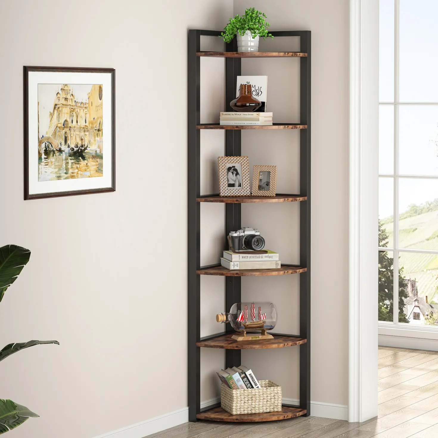 6-Tier Corner Shelf, 70.9 Inch Tall Corner Bookshelf Small Bookcase Rustic Corner Shelving Unit Storage Rack